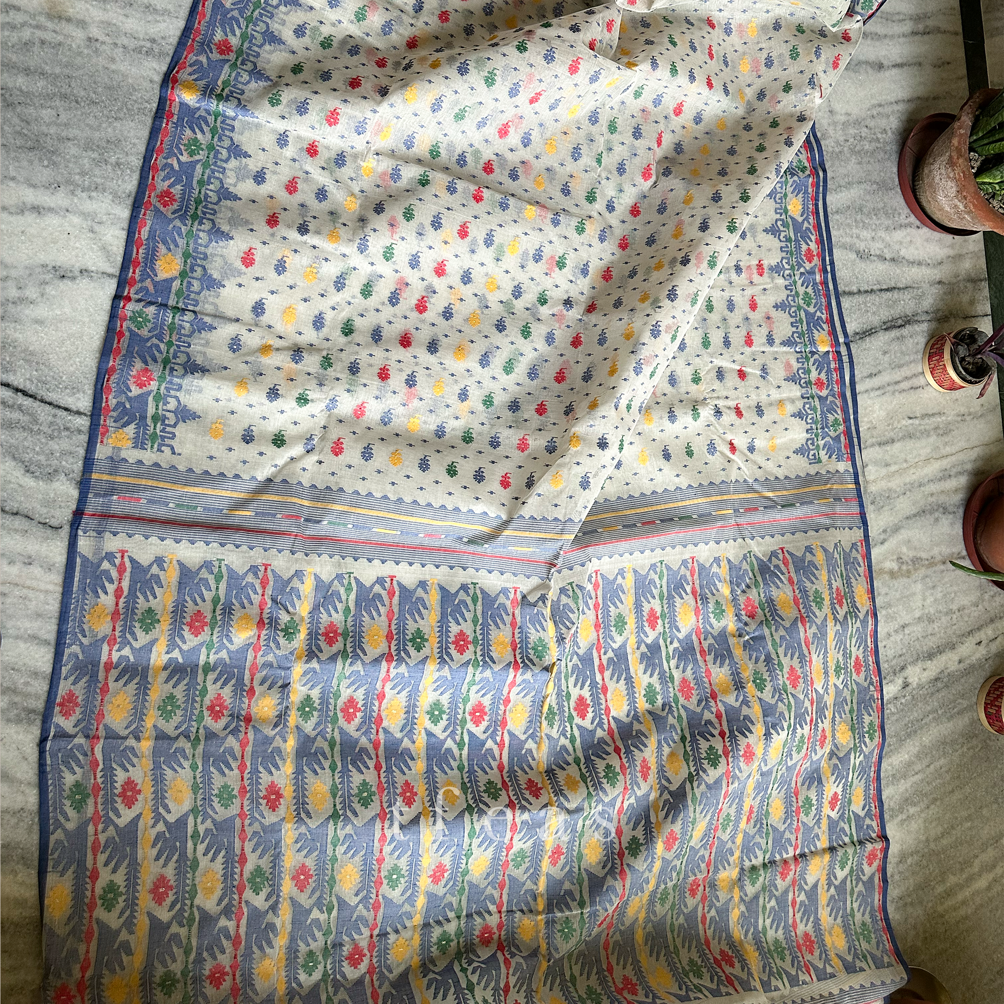 White and Blue with Multicoloured Dhakai Jamdani Saree
