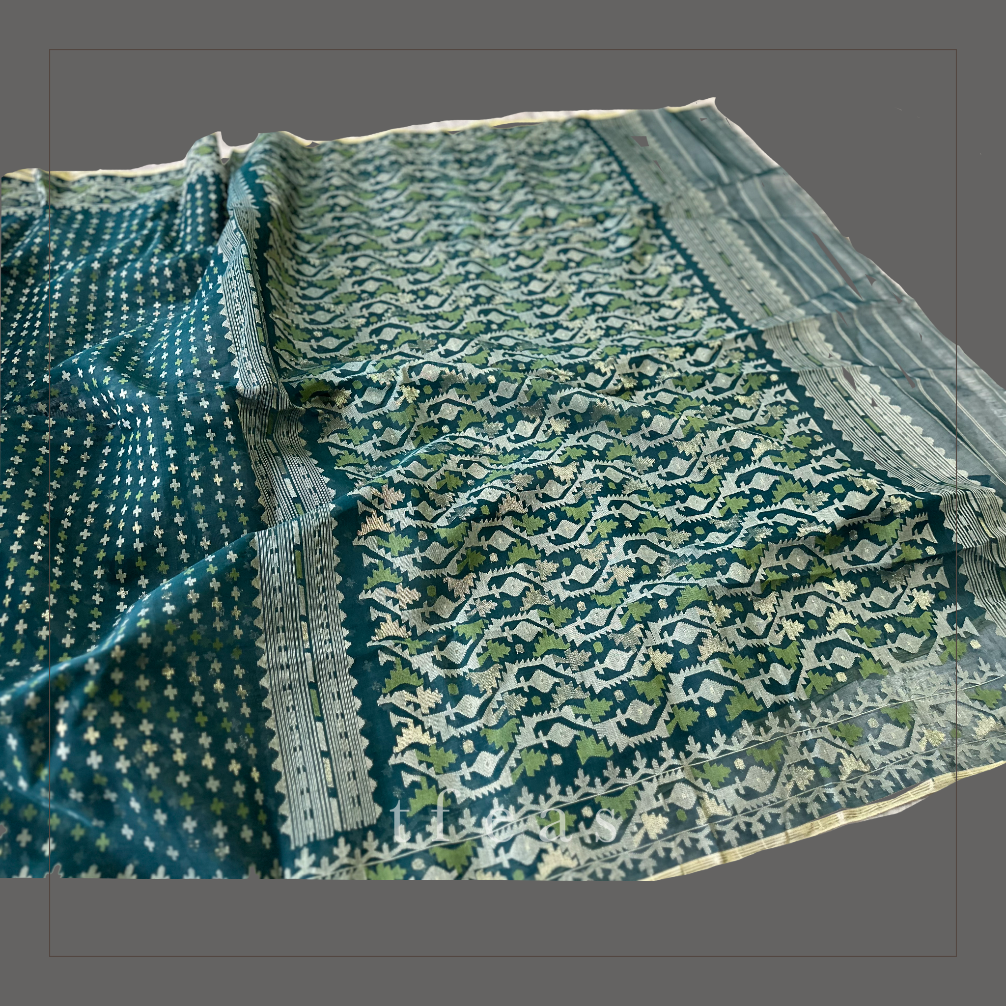 Peacock Green Blue with Green and Zari Dhakai Jamdani