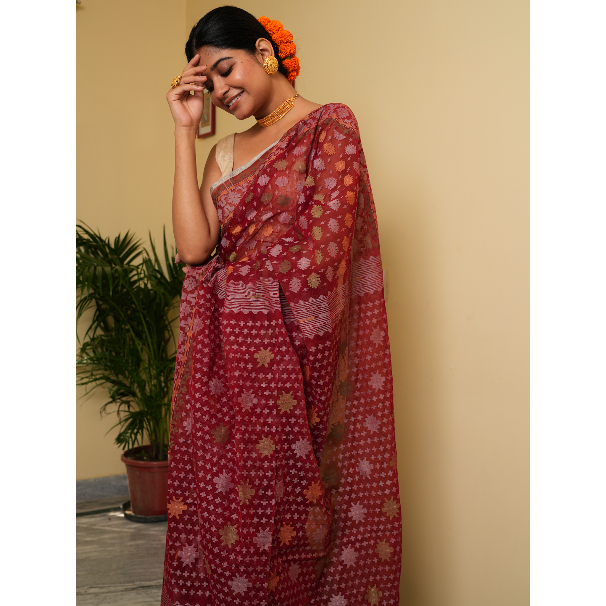 Red Multicoloured Dhakai Jamdani Saree