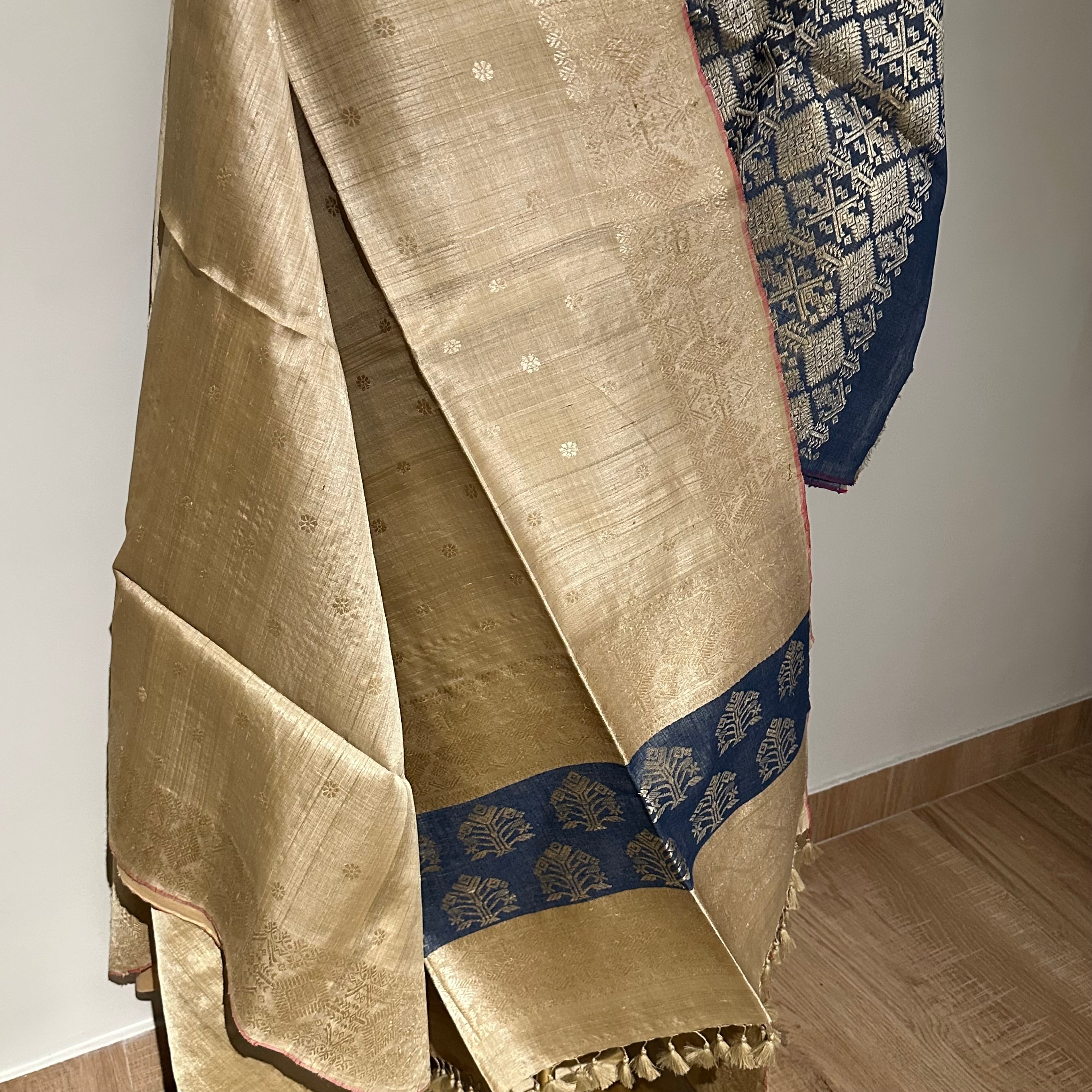 Handwoven Pure Muga Saree with Indigo Palla