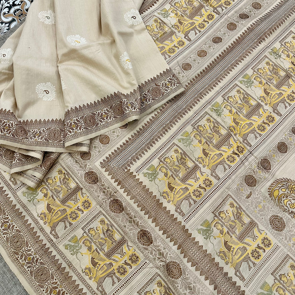 Beige Grand Palla Baluchari Saree with butis