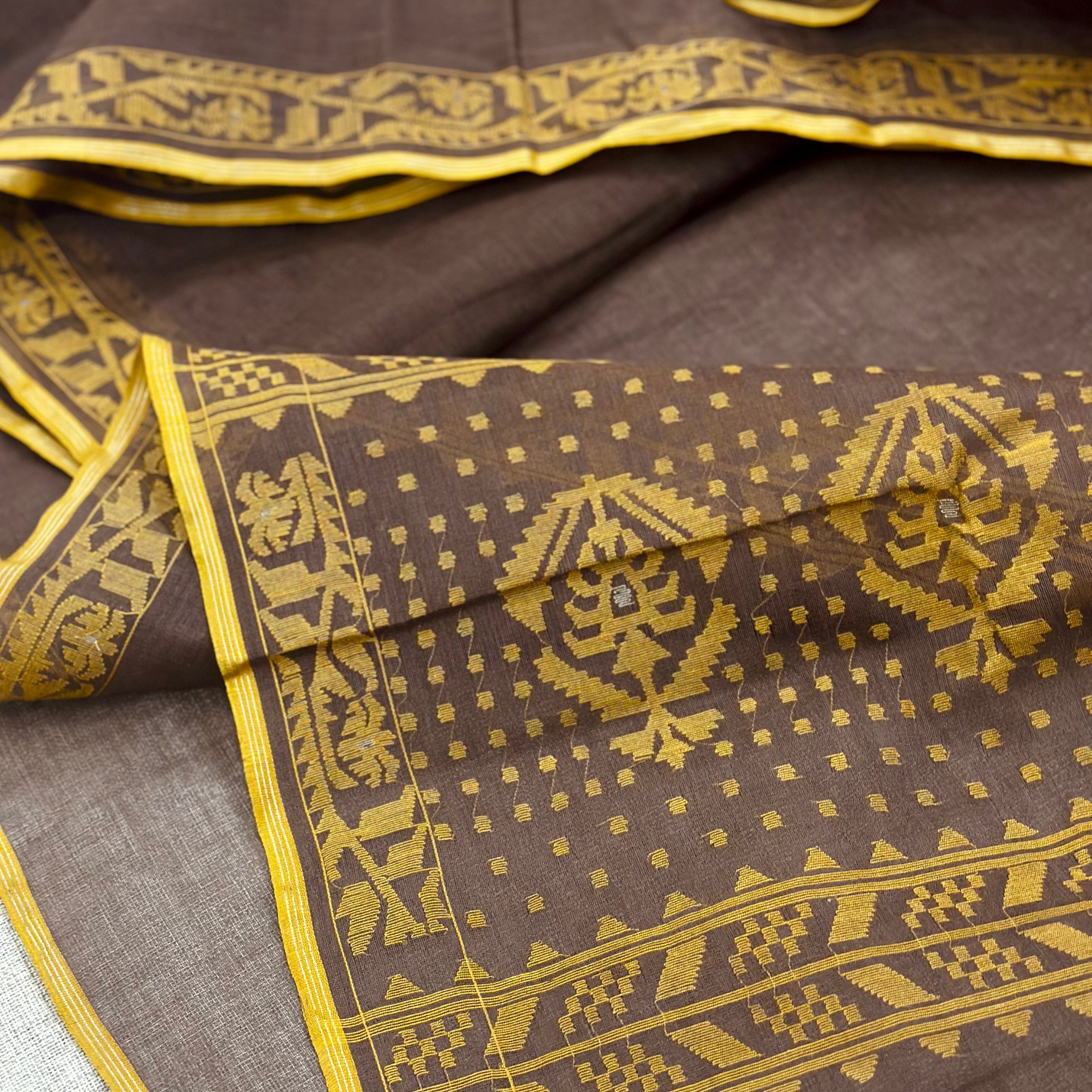 Cocoa Brown and Yellow Dhakai Jamdani