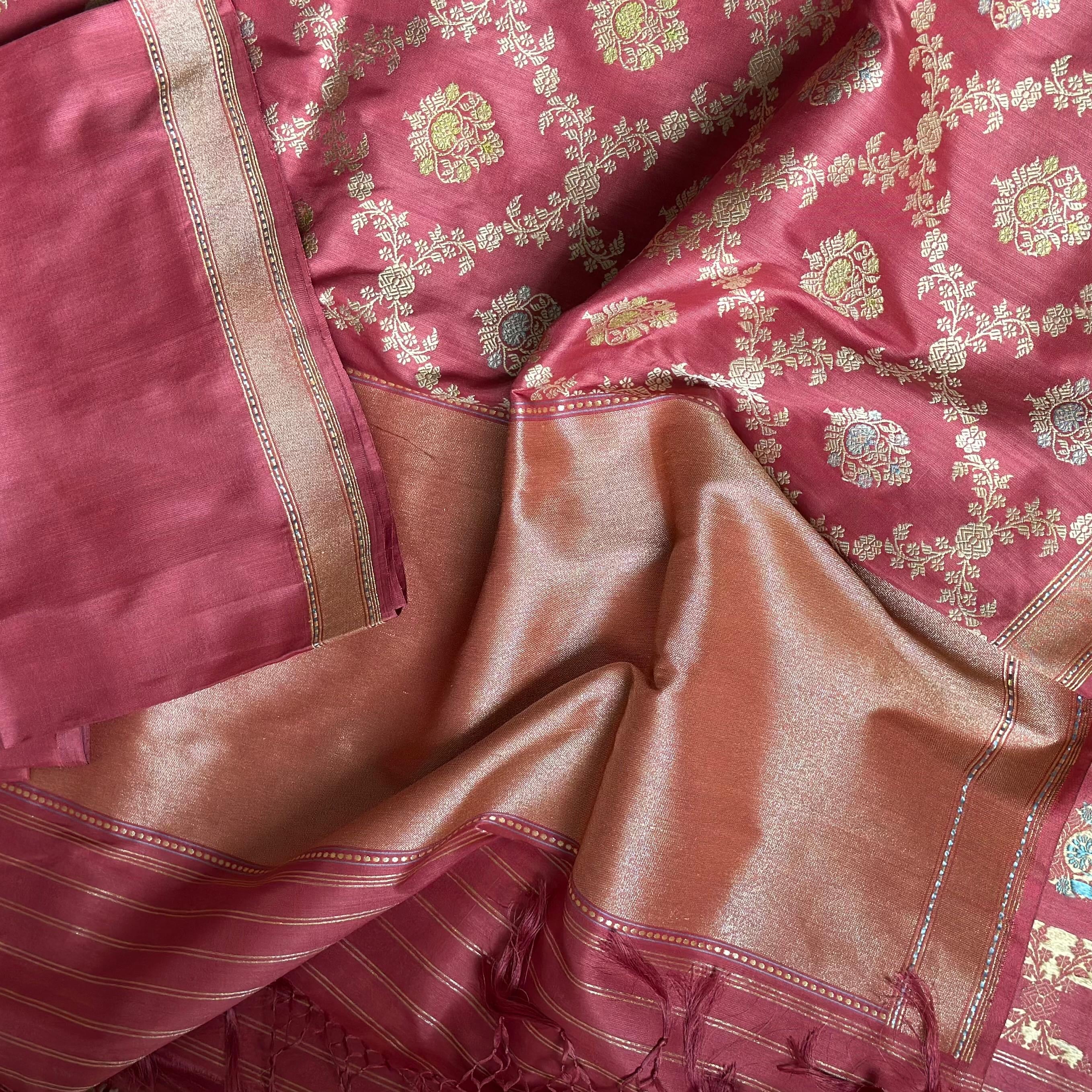 Natural Dyed Red Khadwa Jaal Benarasi