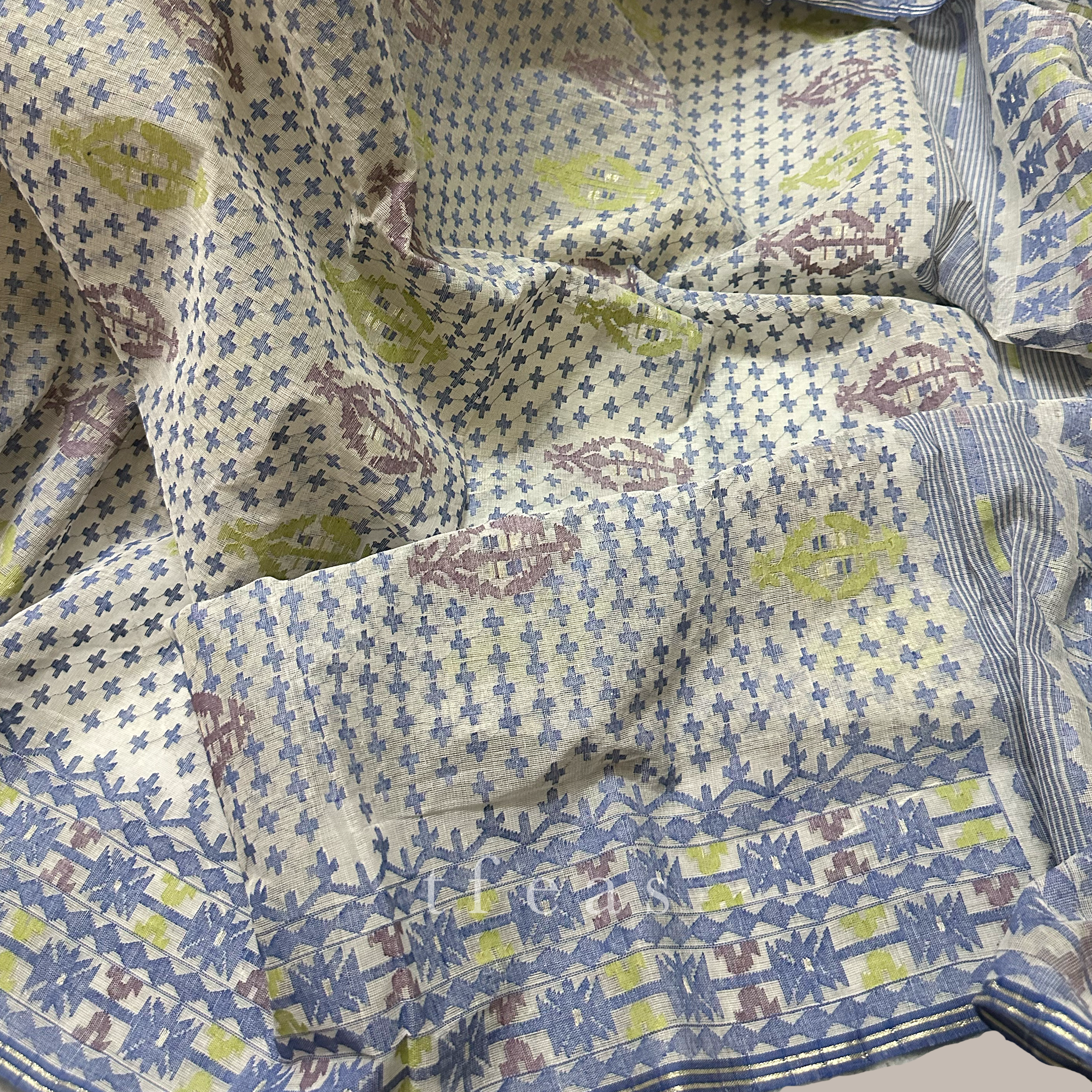 White and Greyish Blue with Lime Green and Brown Dhakai Jamdani