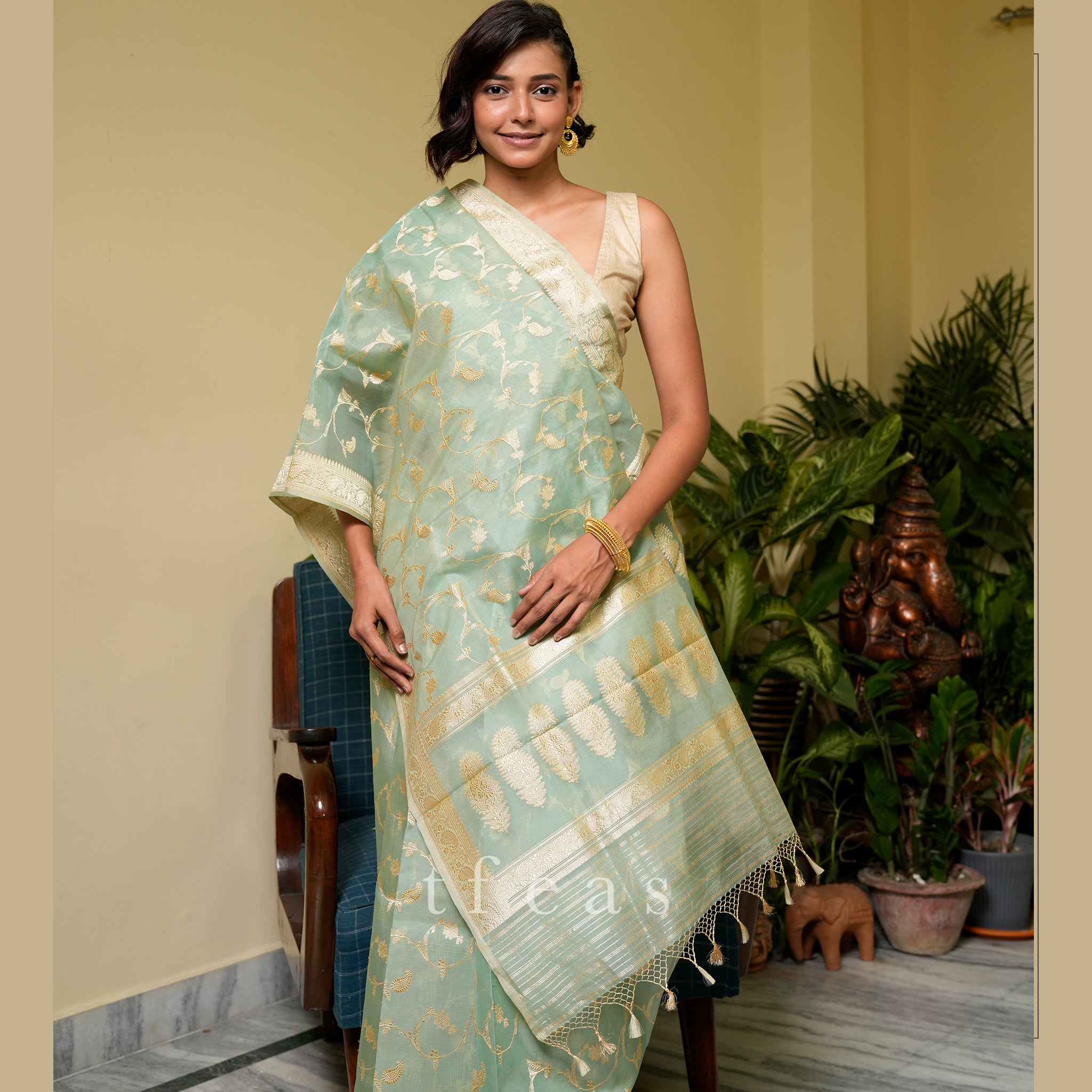 Pistachio Kora Silk Jangla Khadwa Benarasi