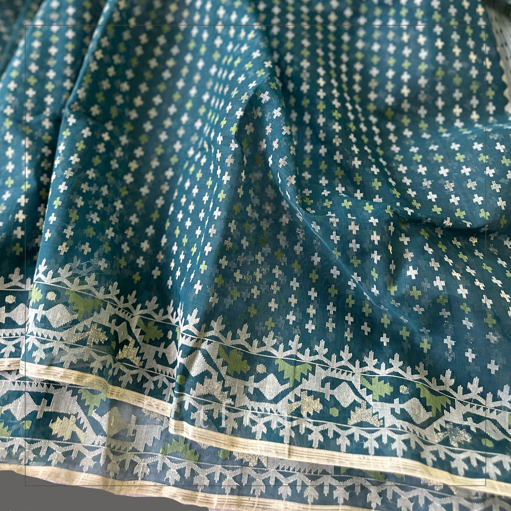 Peacock Green Blue with Green and Zari Dhakai Jamdani