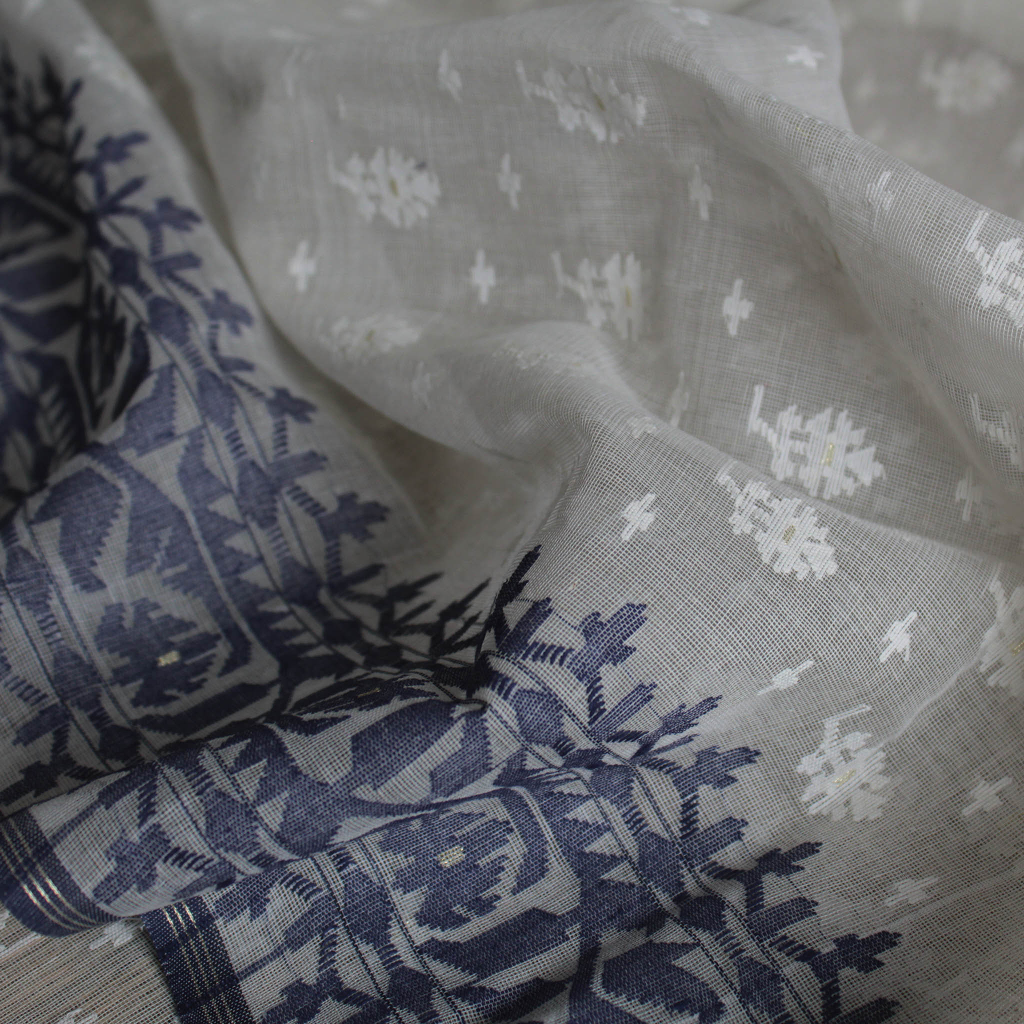 White and Dark Blue Dhakai Jamdani