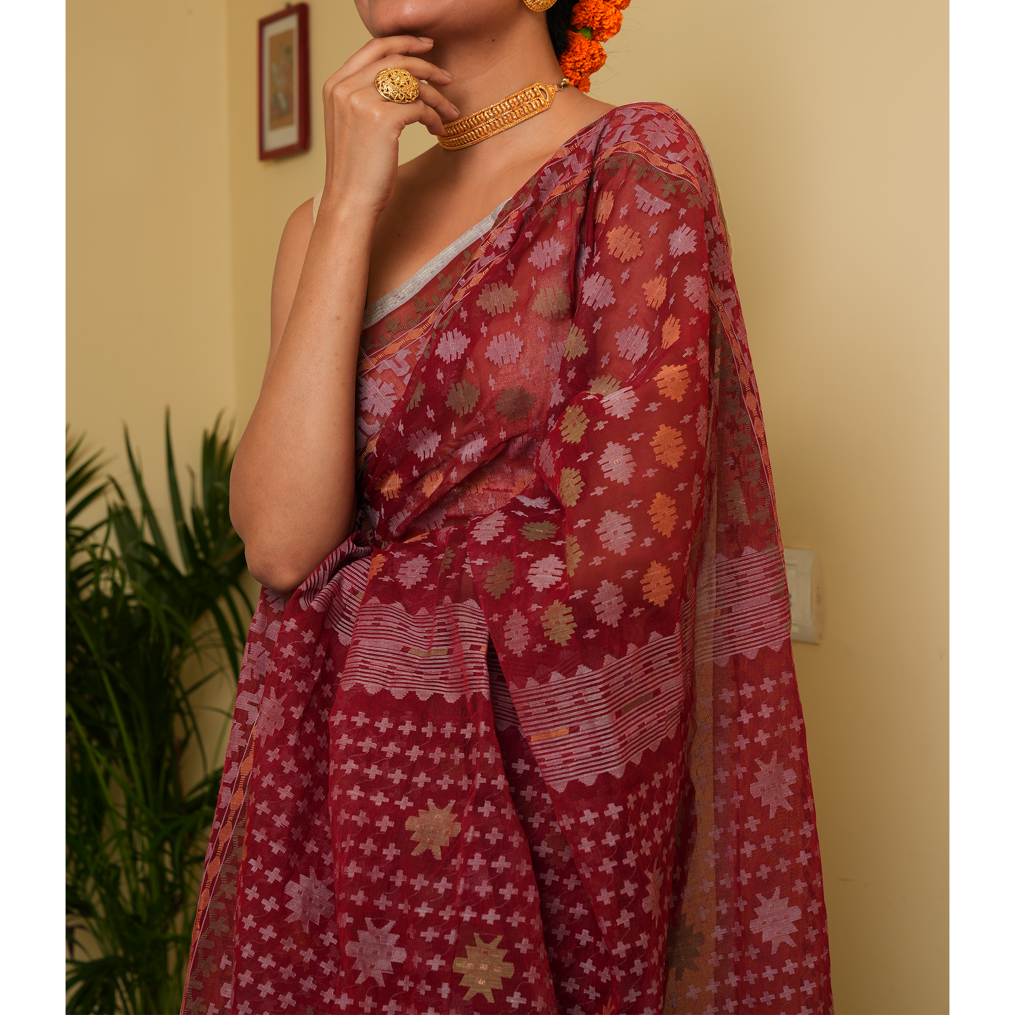 Red Multicoloured Dhakai Jamdani Saree