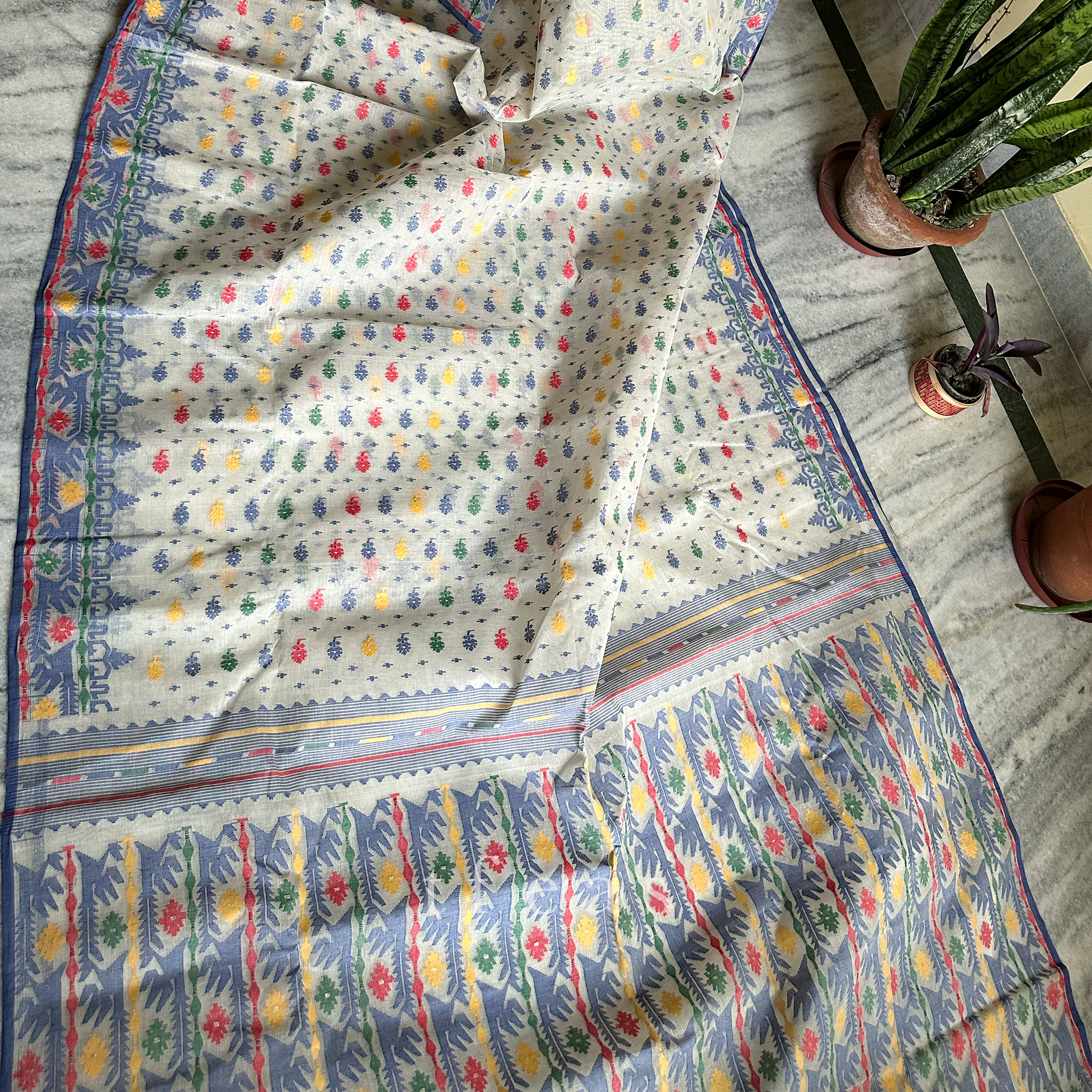 White and Blue with Multicoloured Dhakai Jamdani Saree
