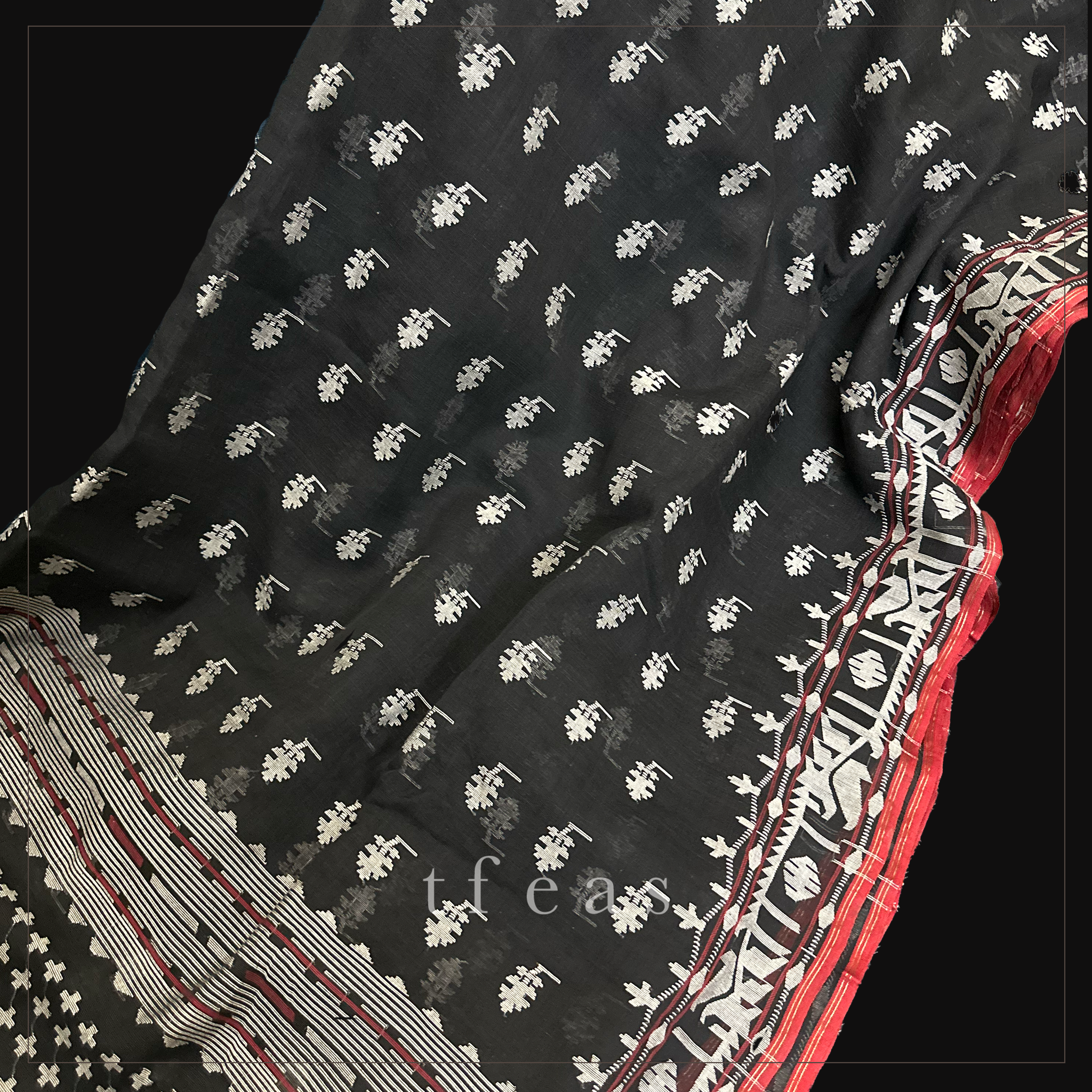 Black Dhakai Jamdani with Red Selvedge
