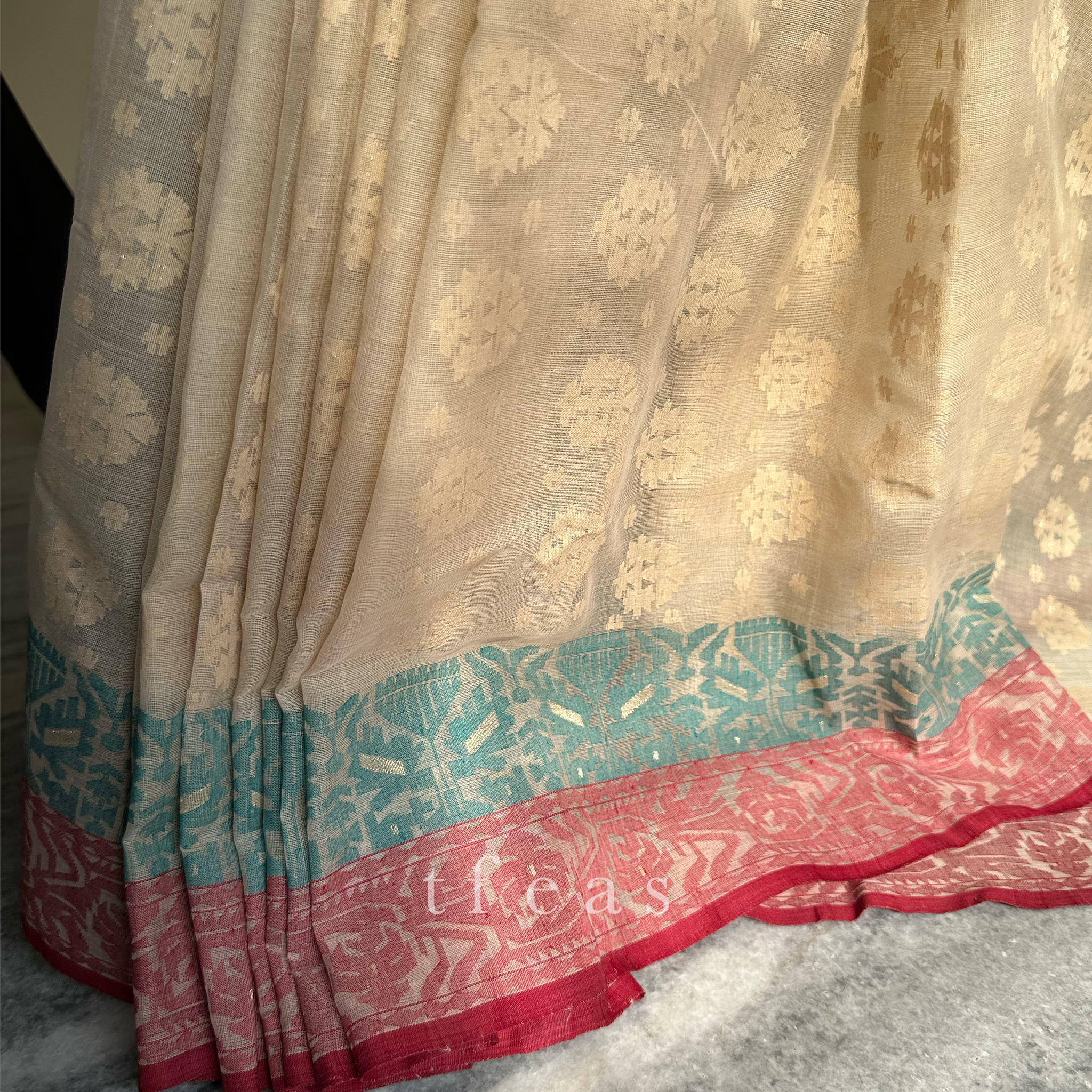 Pre Order: 200 count Beige with Maroon and Green Grand Dhakai Jamdani