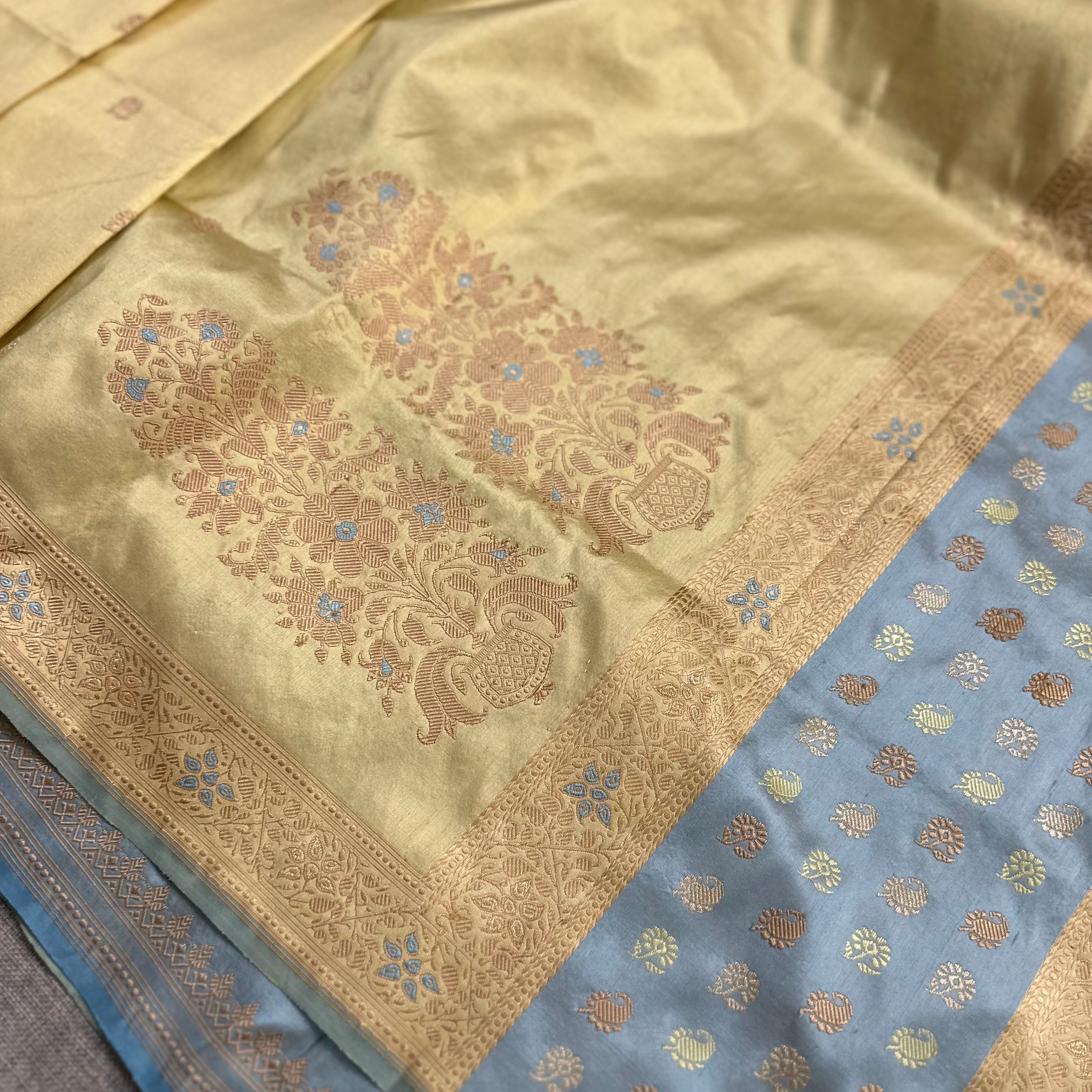 Yellow and Sky Blue Buti Baluchari with Tree of Life