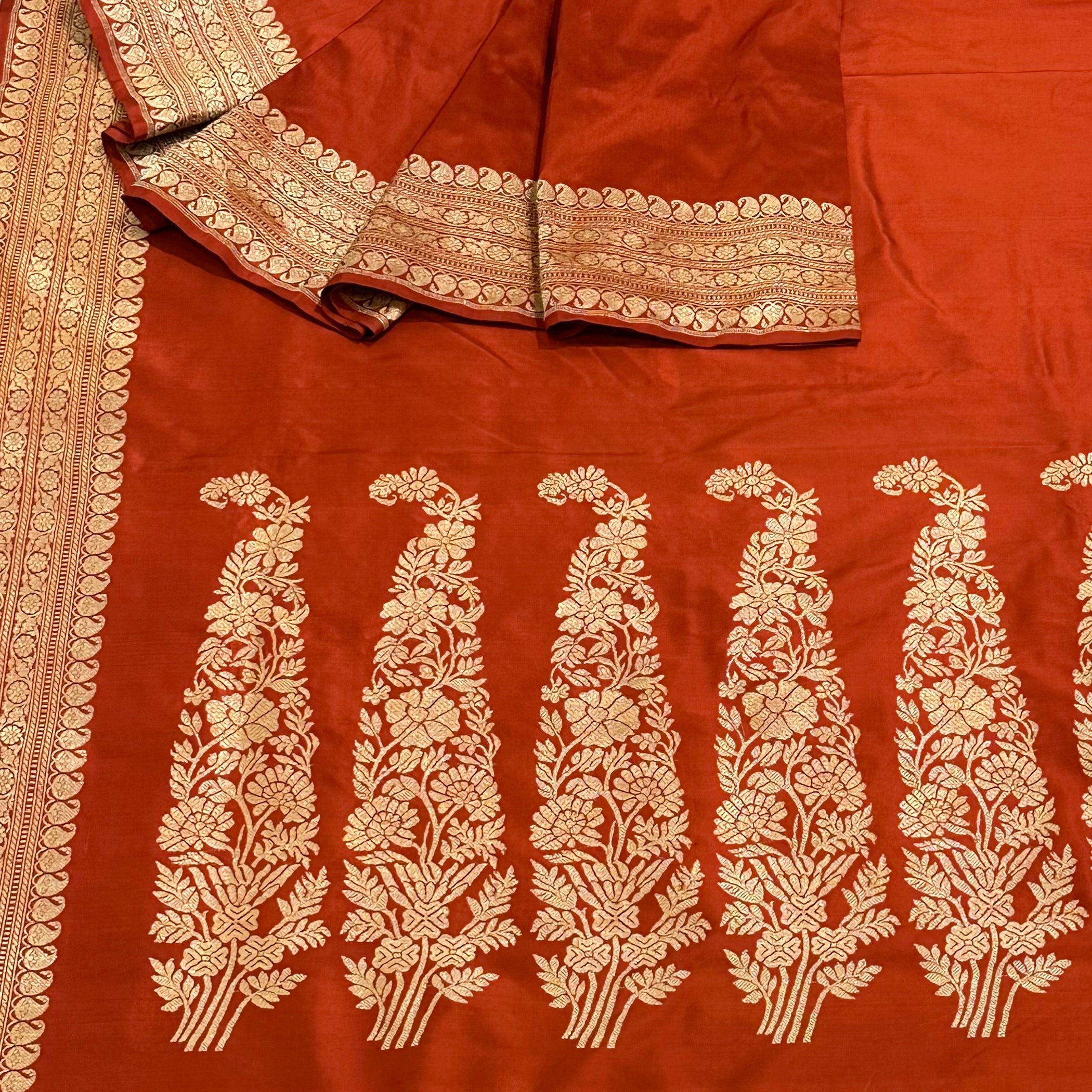 Orangish Red Paisley Khadwa Benarasi