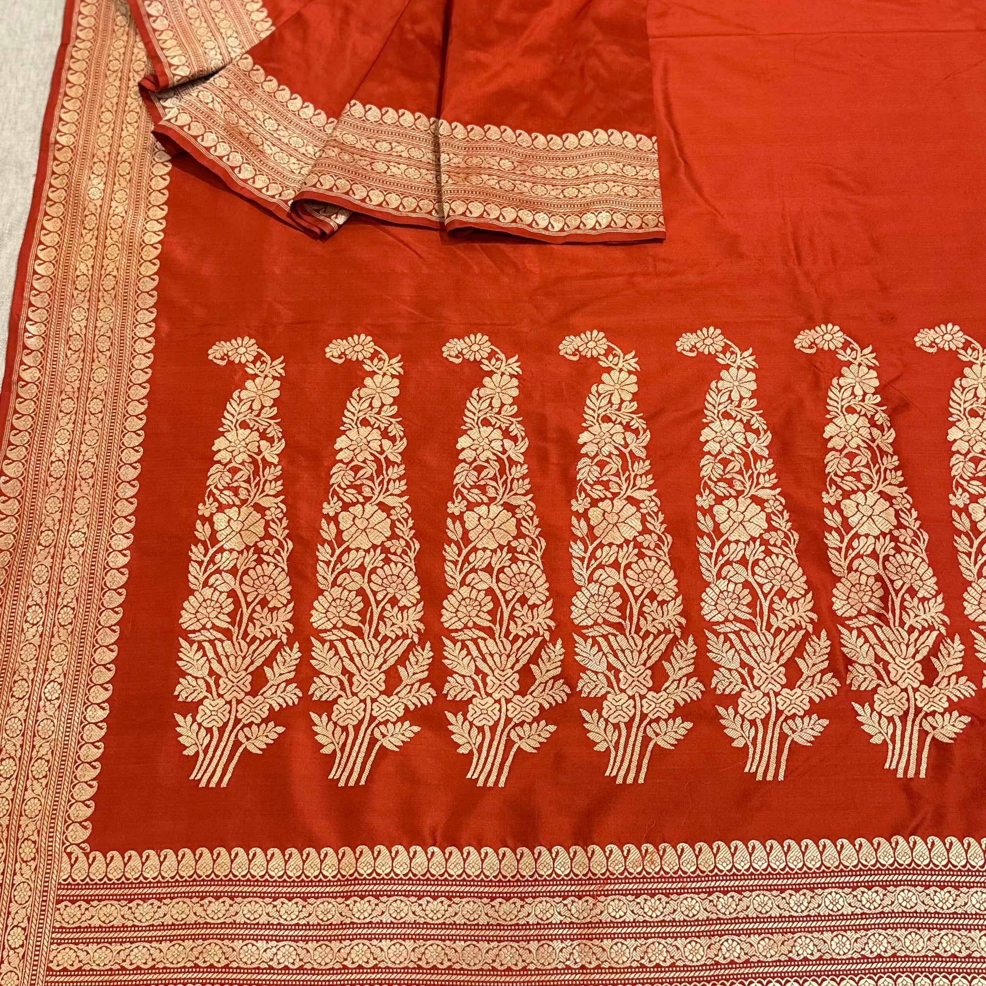 Orangish Red Paisley Khadwa Benarasi