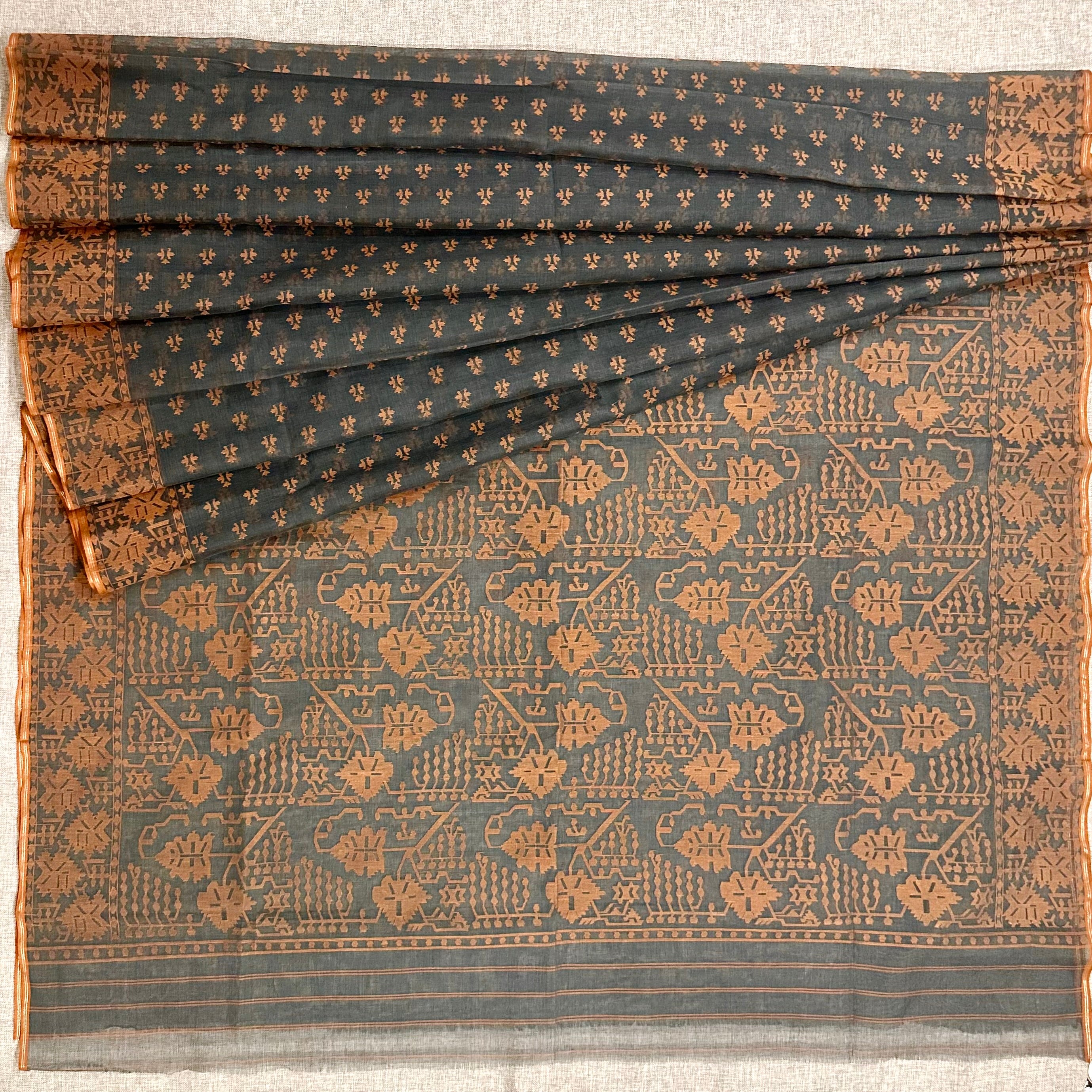 Grey and Orange Angoorlata Dhakai Jamdani Saree (Grapevine)