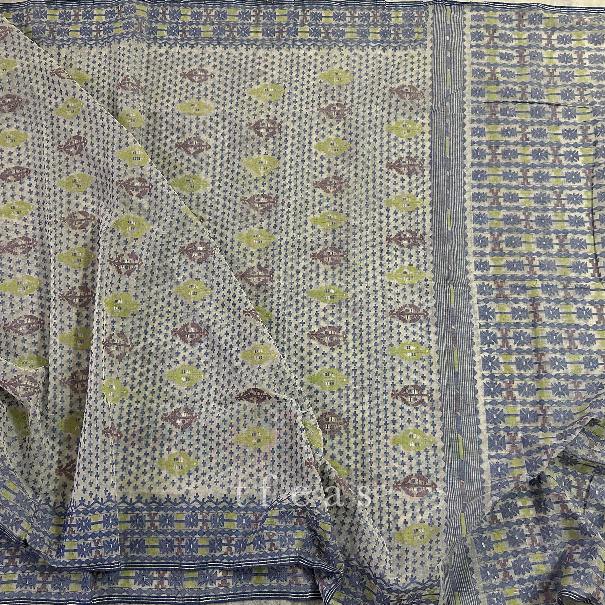 White and Greyish Blue with Lime Green and Brown Dhakai Jamdani