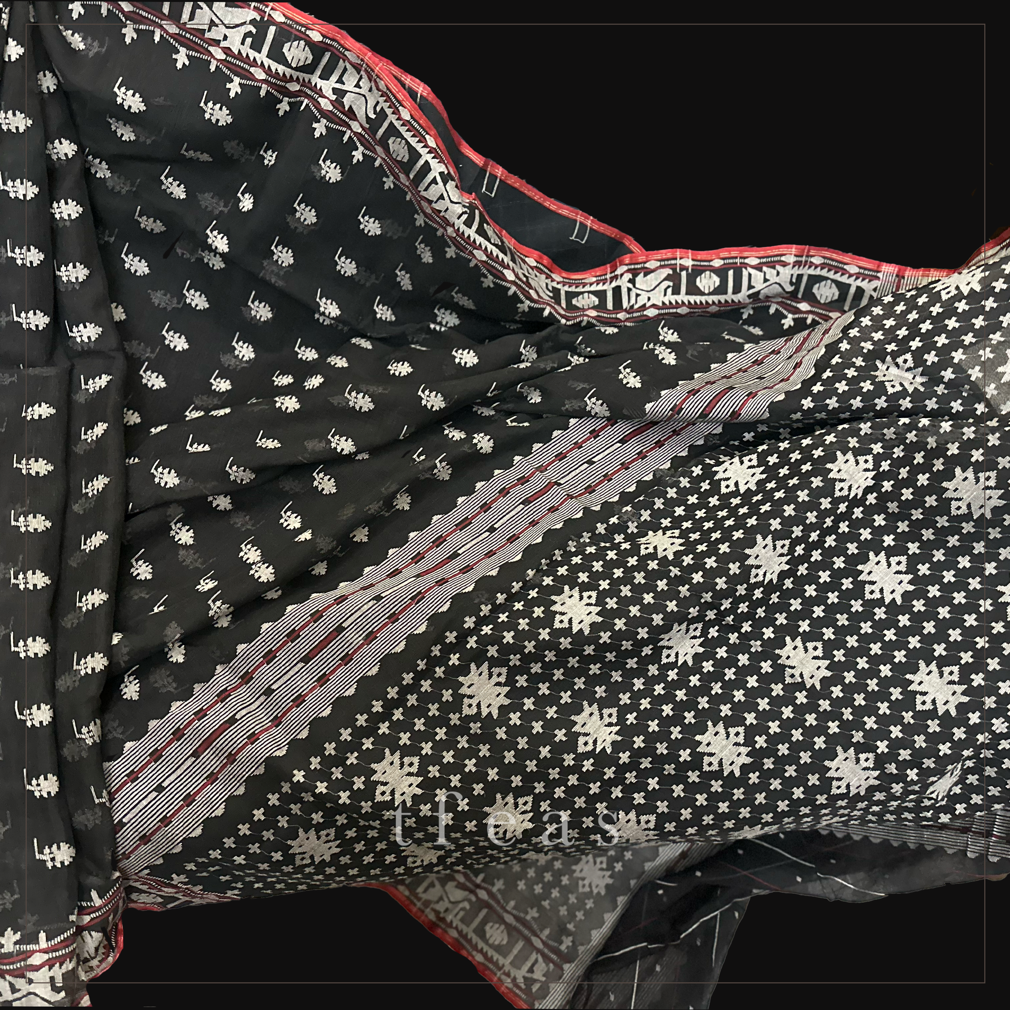 Black Dhakai Jamdani with Red Selvedge