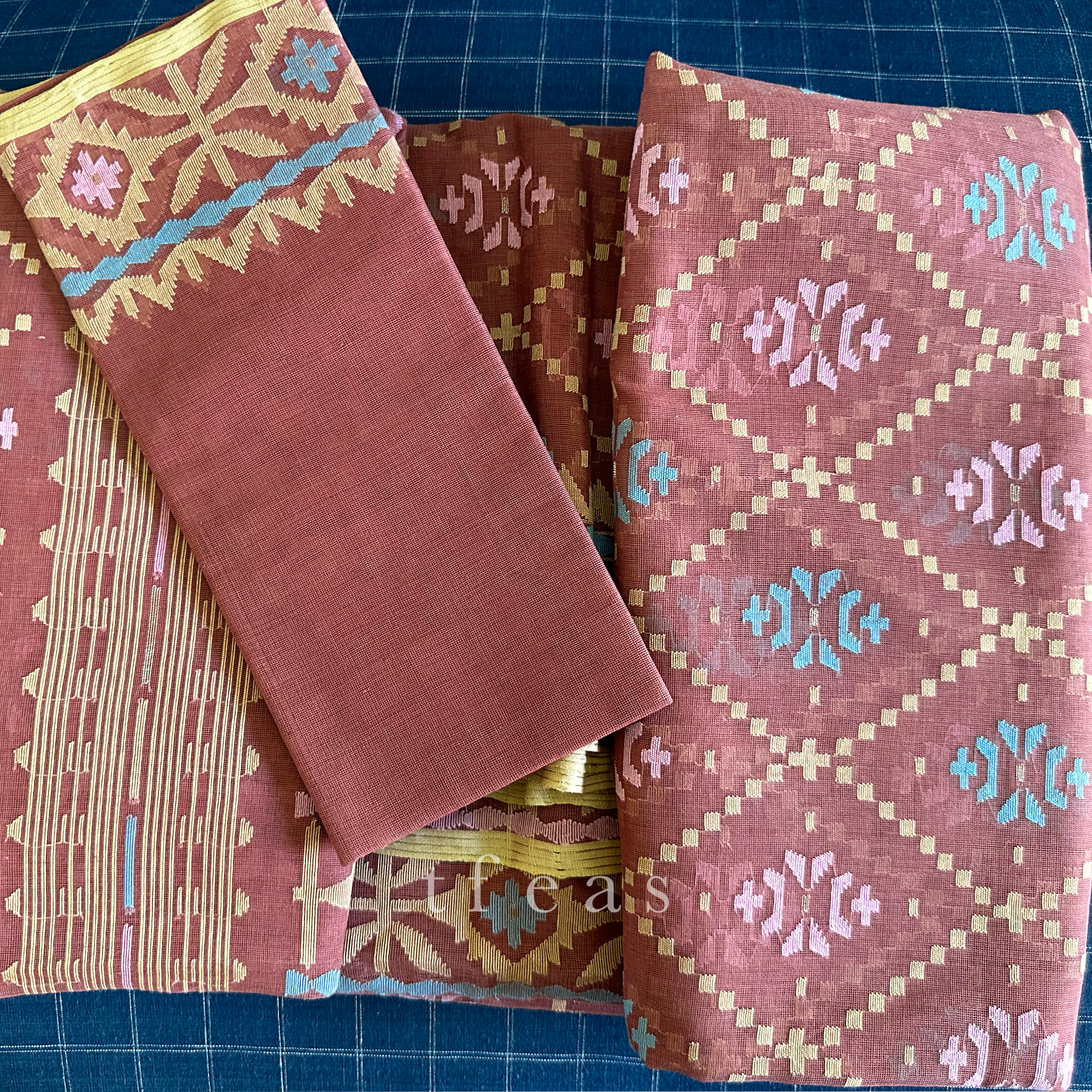 Brown with Beige Pink and Blue Dhakai Jamdani