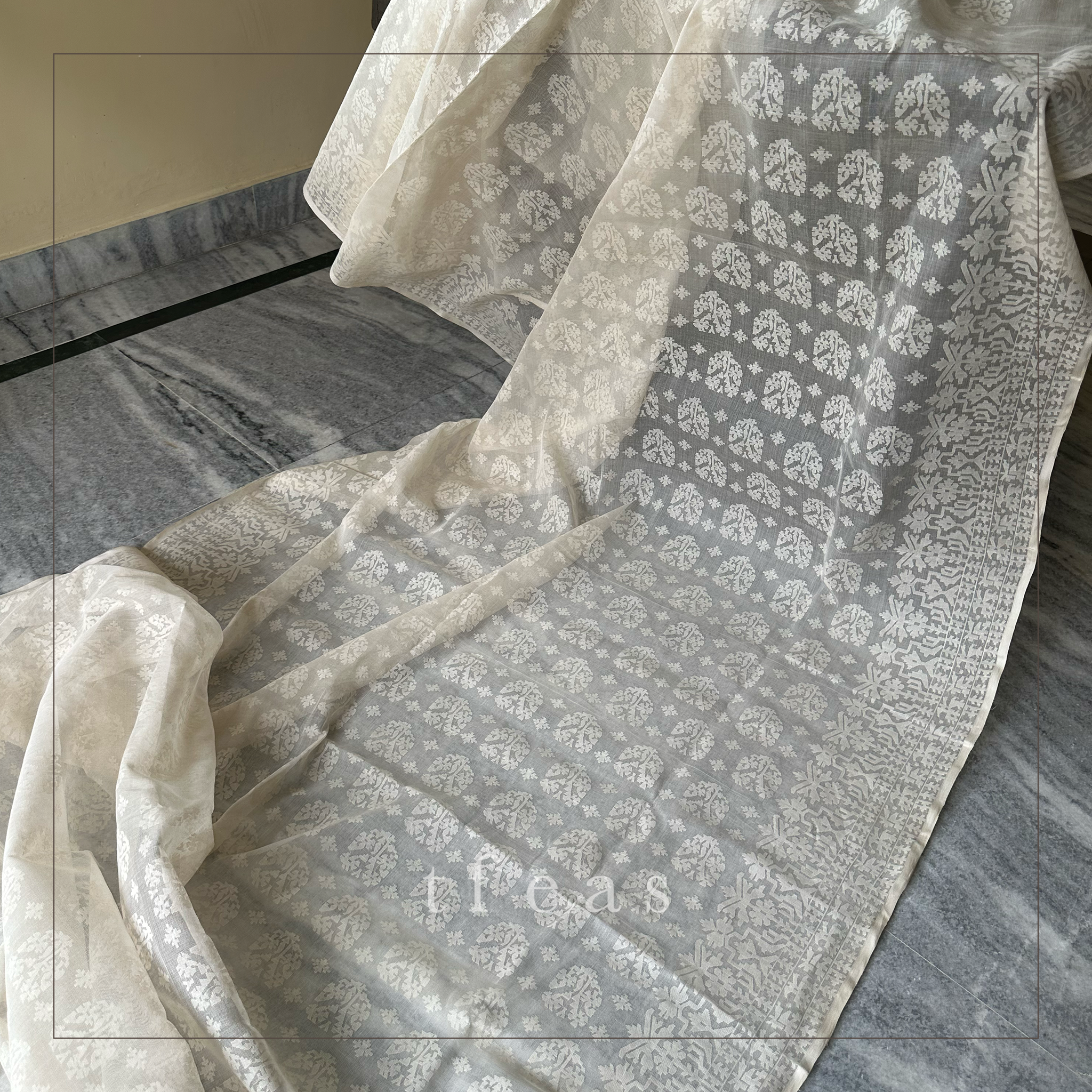 200 count White on White Khadi Dhakai Jamdani