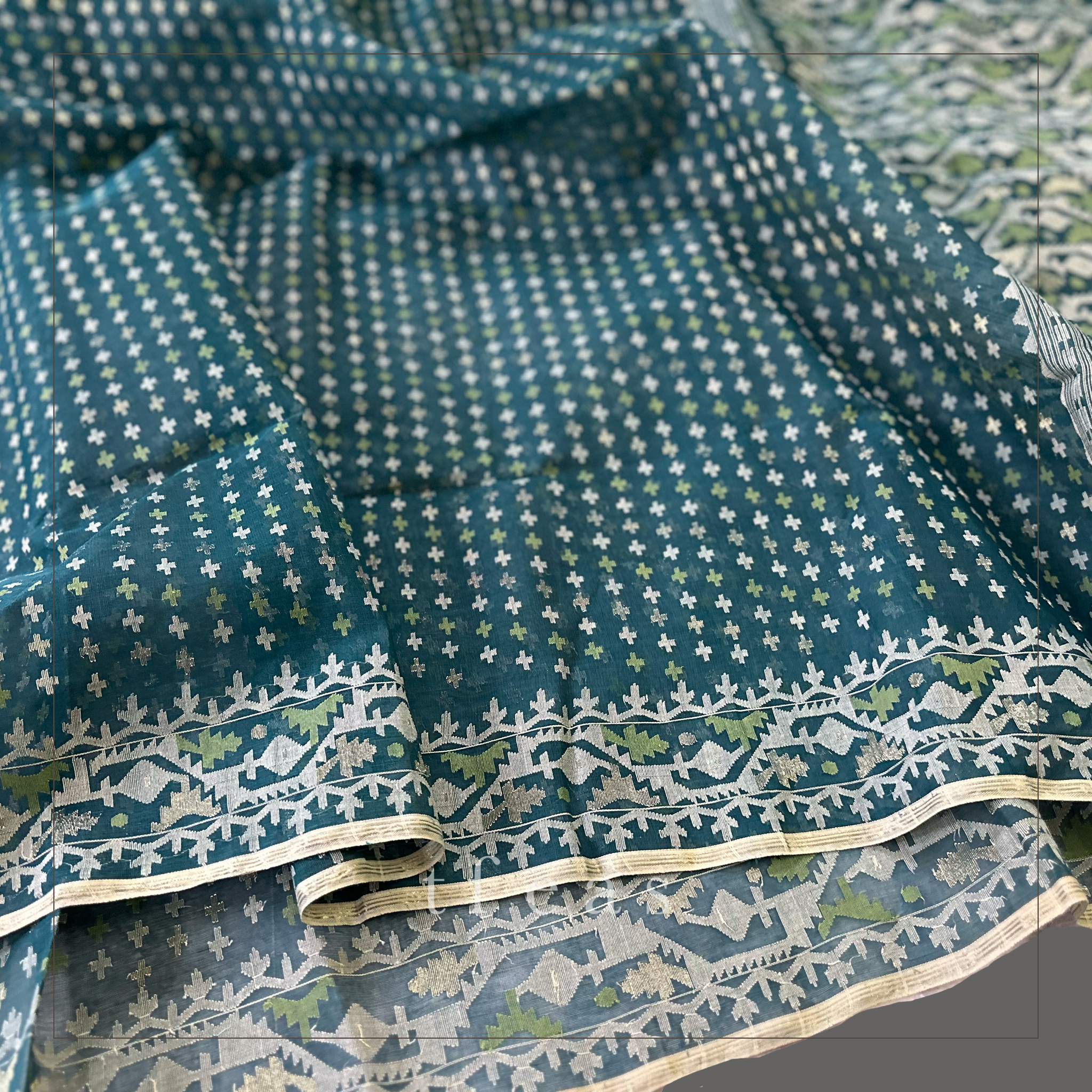 Peacock Green Blue with Green and Zari Dhakai Jamdani