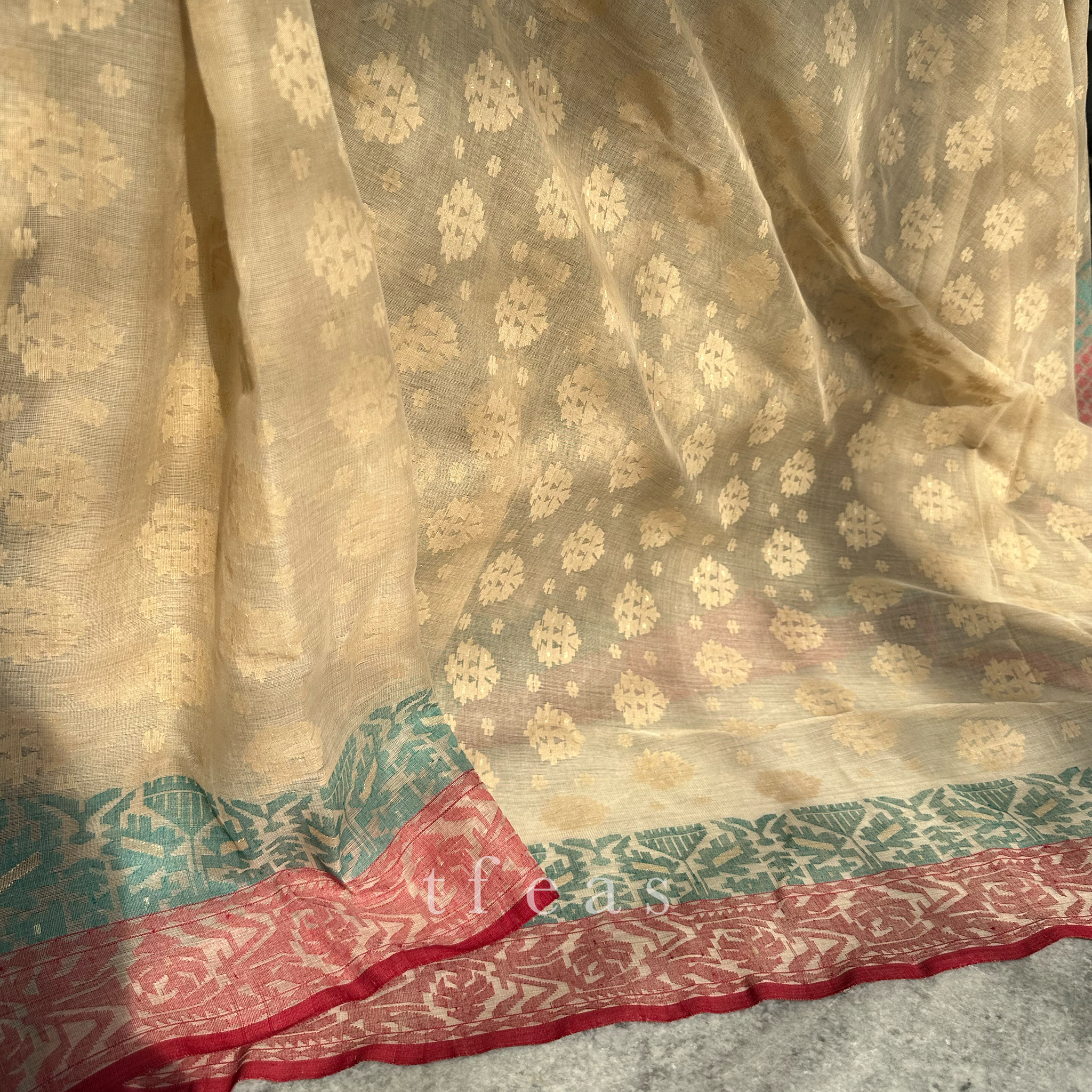 Pre Order: 200 count Beige with Maroon and Green Grand Dhakai Jamdani