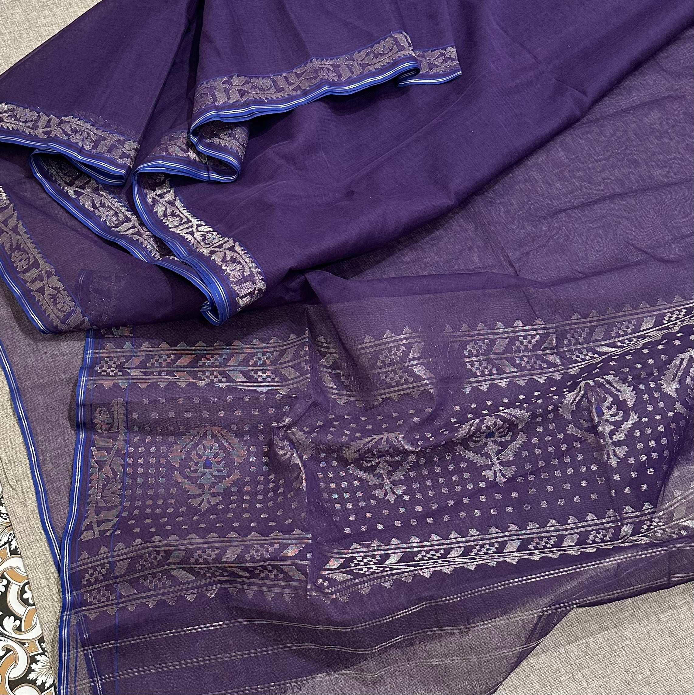 Purple and Blue with Silver Dhakai Jamdani