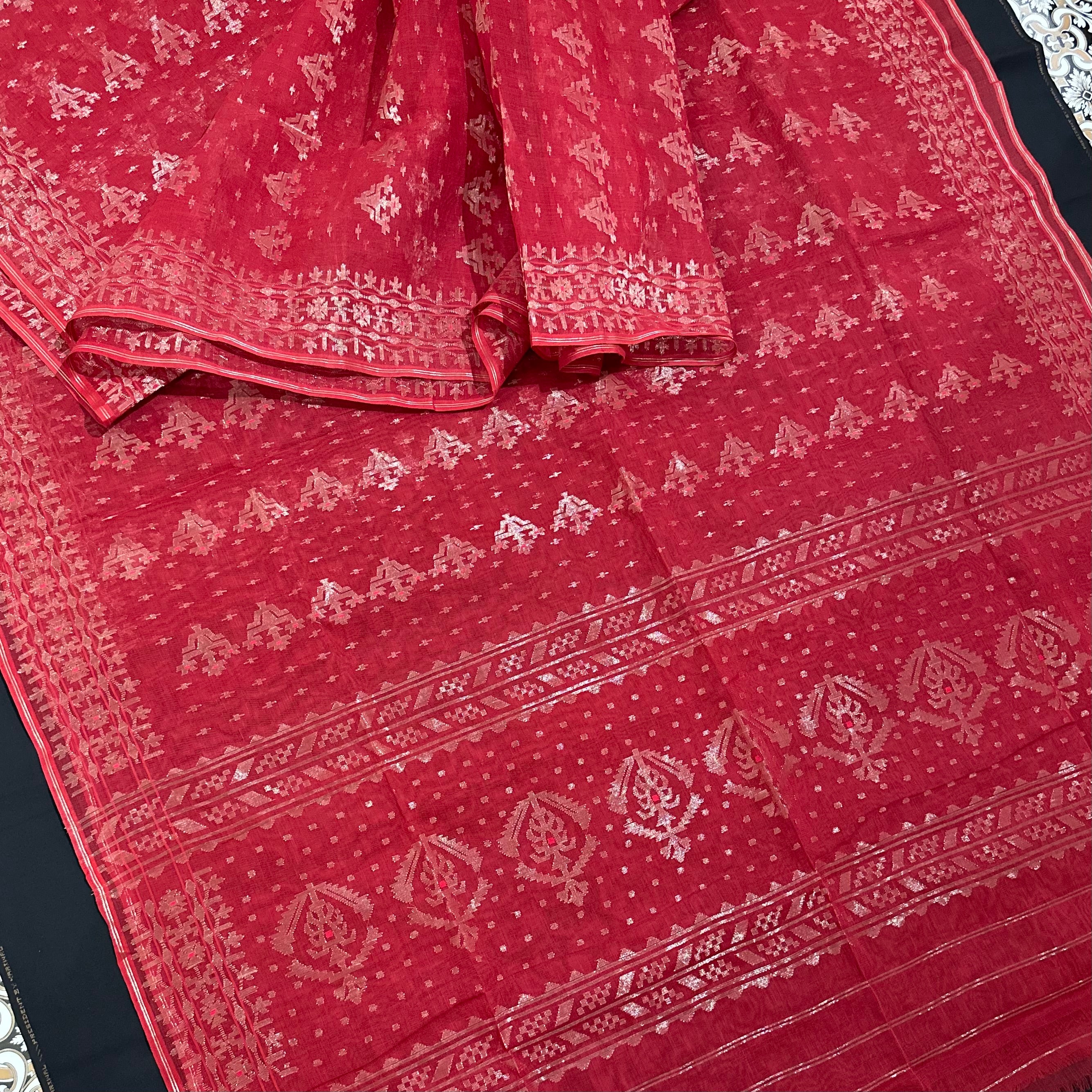 Red Dhakai Jamdani Saree with Butis