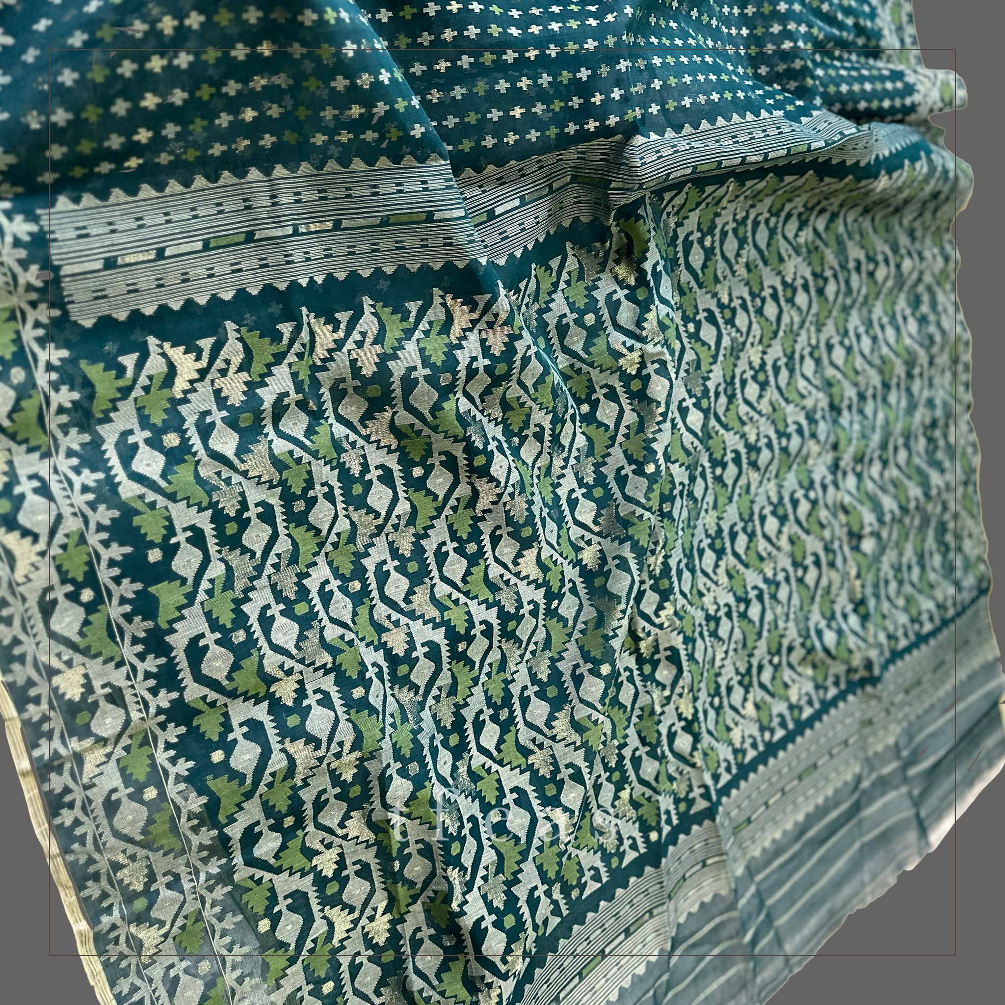 Peacock Green Blue with Green and Zari Dhakai Jamdani