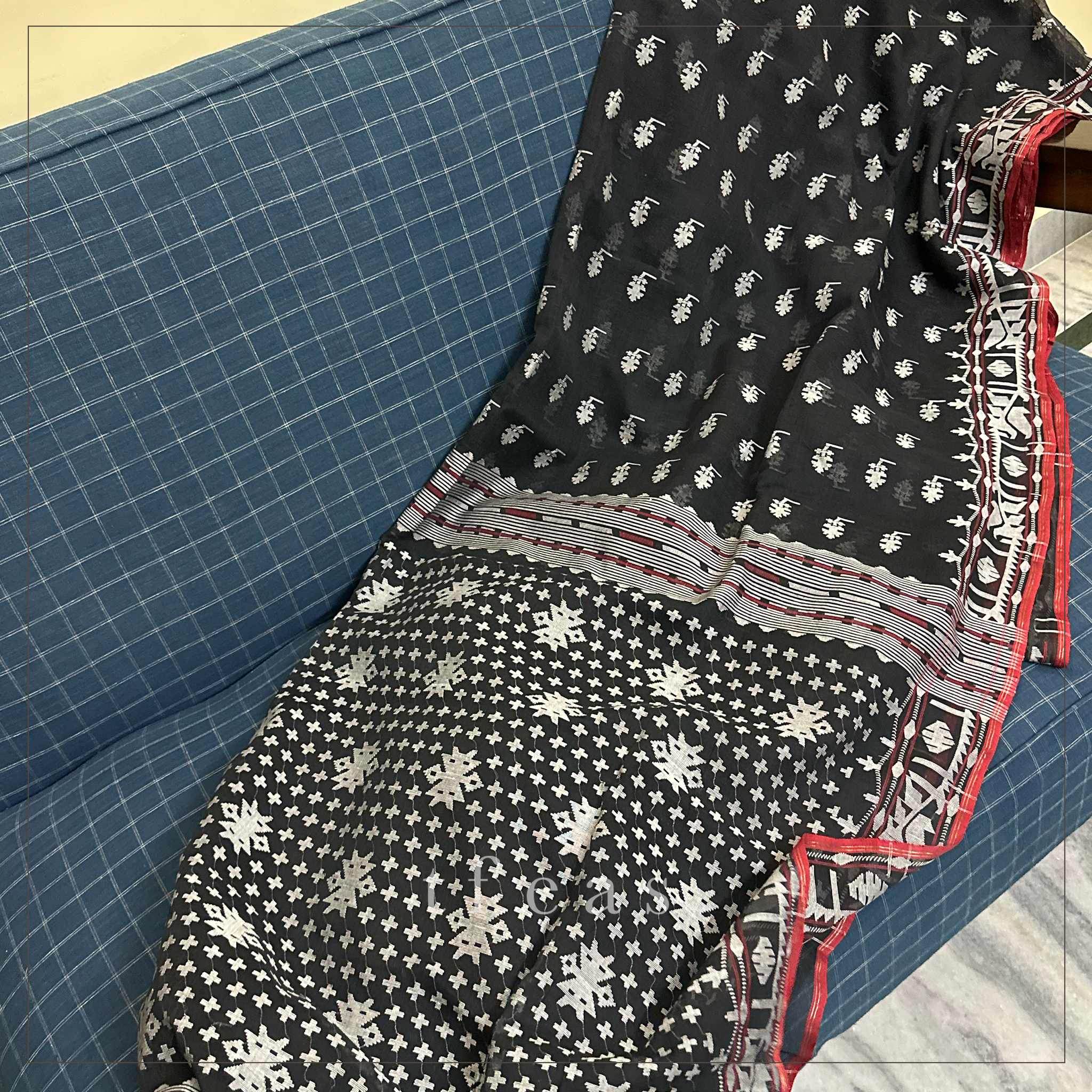 Black Dhakai Jamdani with Red Selvedge