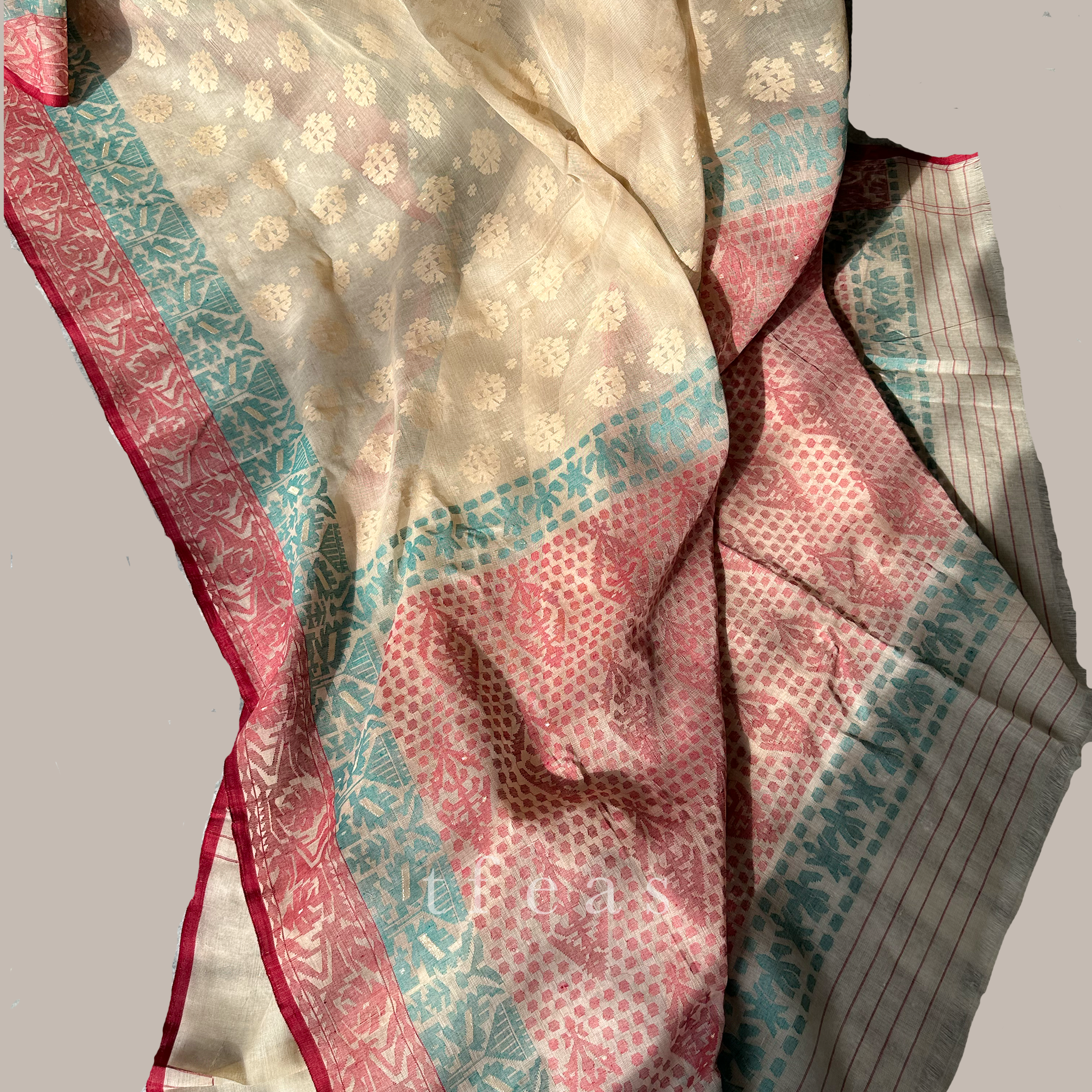 Pre Order: 200 count Beige with Maroon and Green Grand Dhakai Jamdani