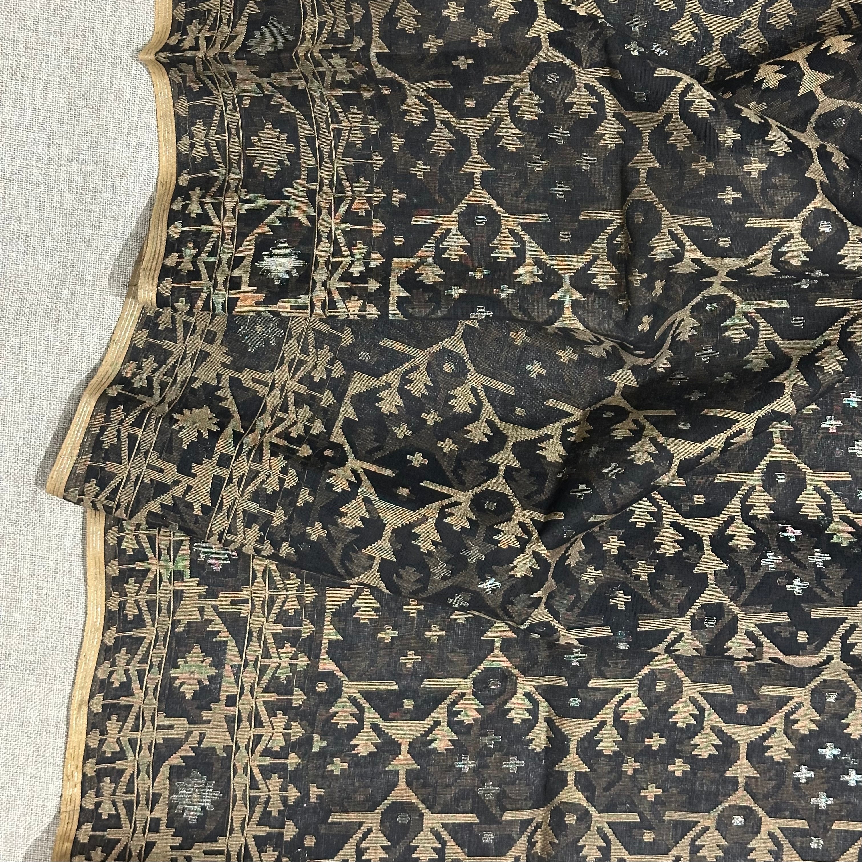 Black and Beige Jaal Dhakai Jamdani Saree