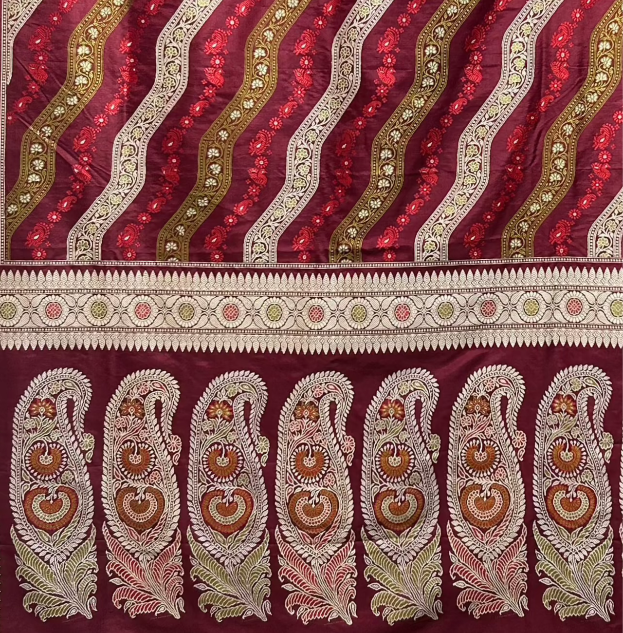 Maroon Ada Revival Baluchari with Pistachio and Red Minakari