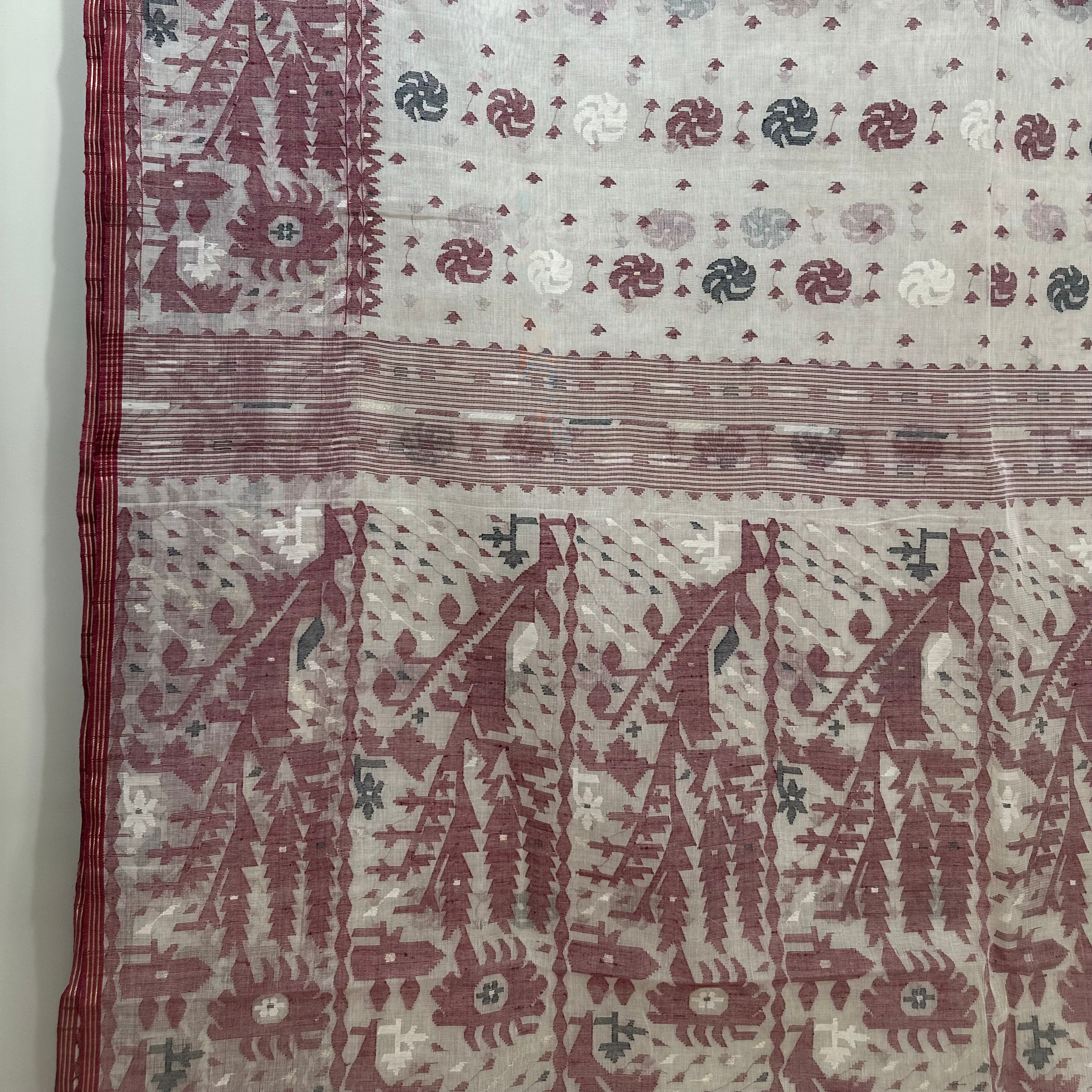 White with Maroon and Black Dhakai Jamdani
