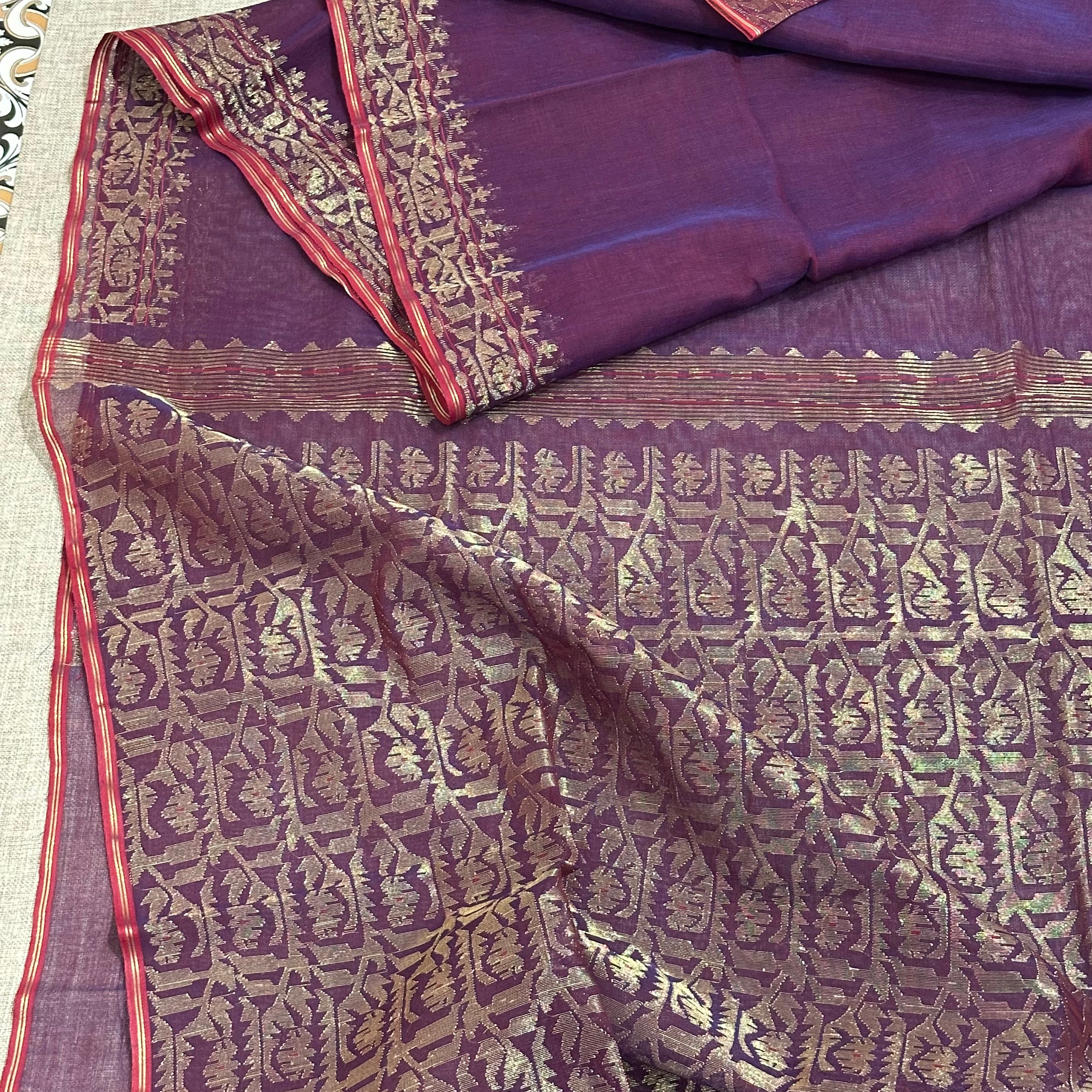 Purple Shot colour with Golden Zari Dhakai Jamdani