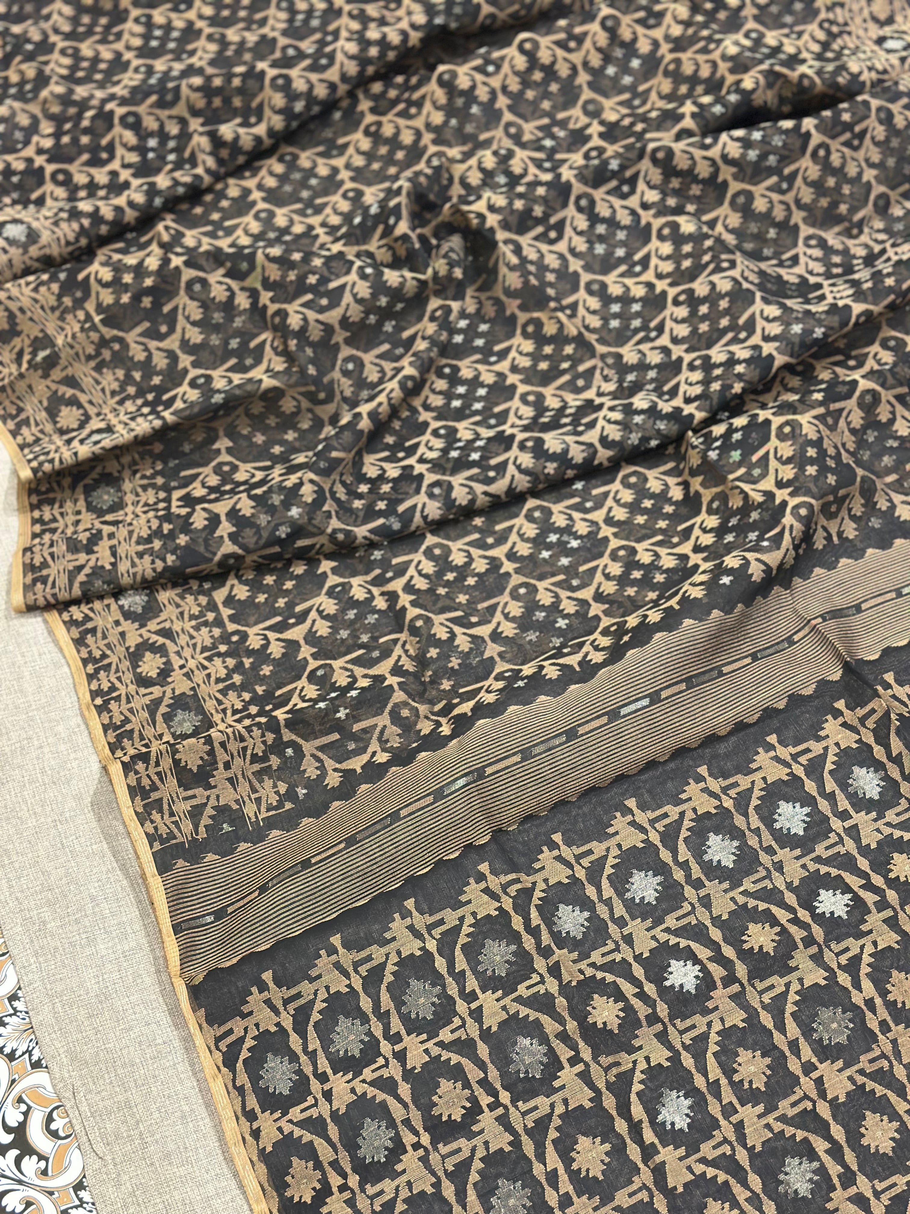Black and Beige Jaal Dhakai Jamdani Saree