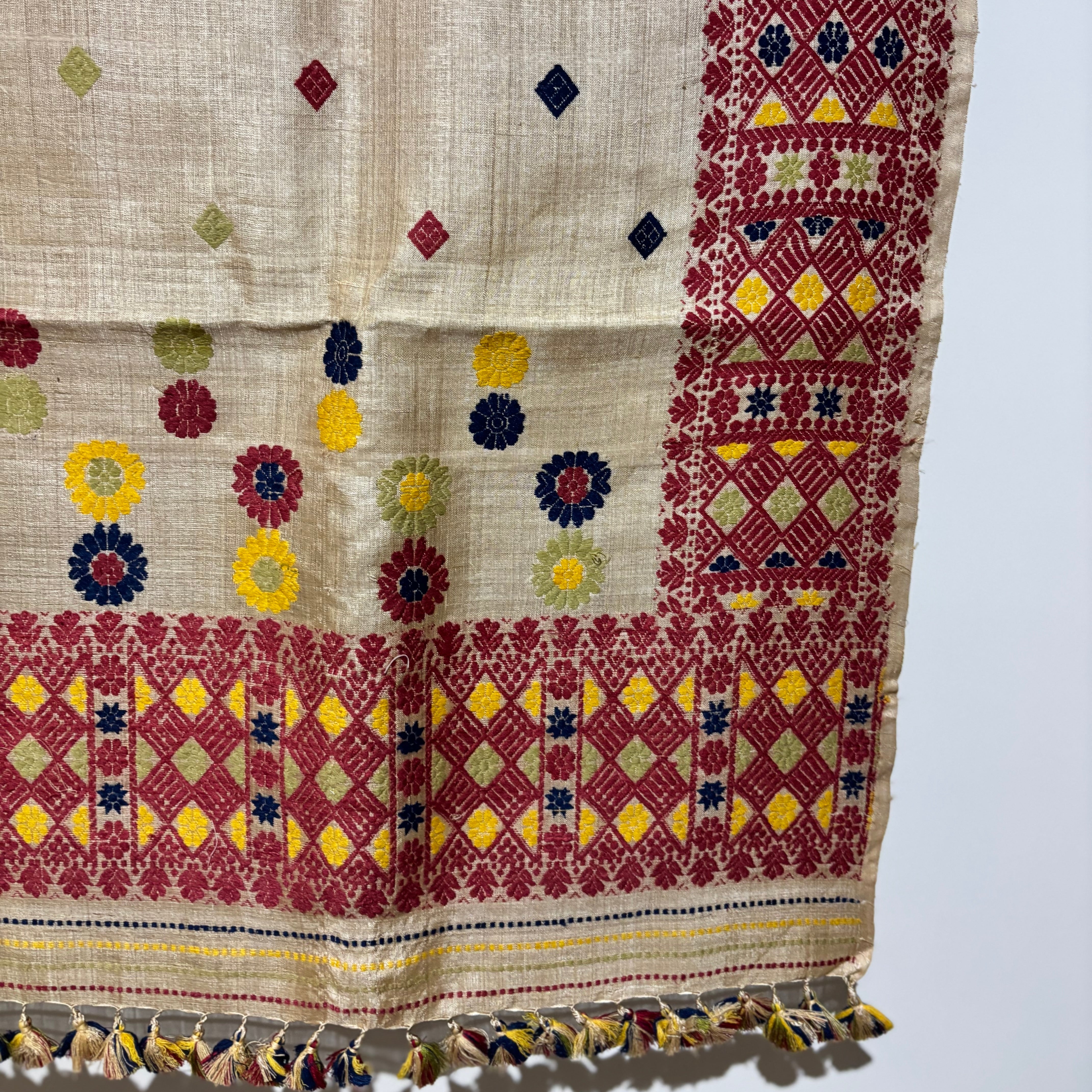 Heirloom Pure Assam Muga Saree with Natural Dyed Eri Extra Weft in Multicolor Diamond Motifs