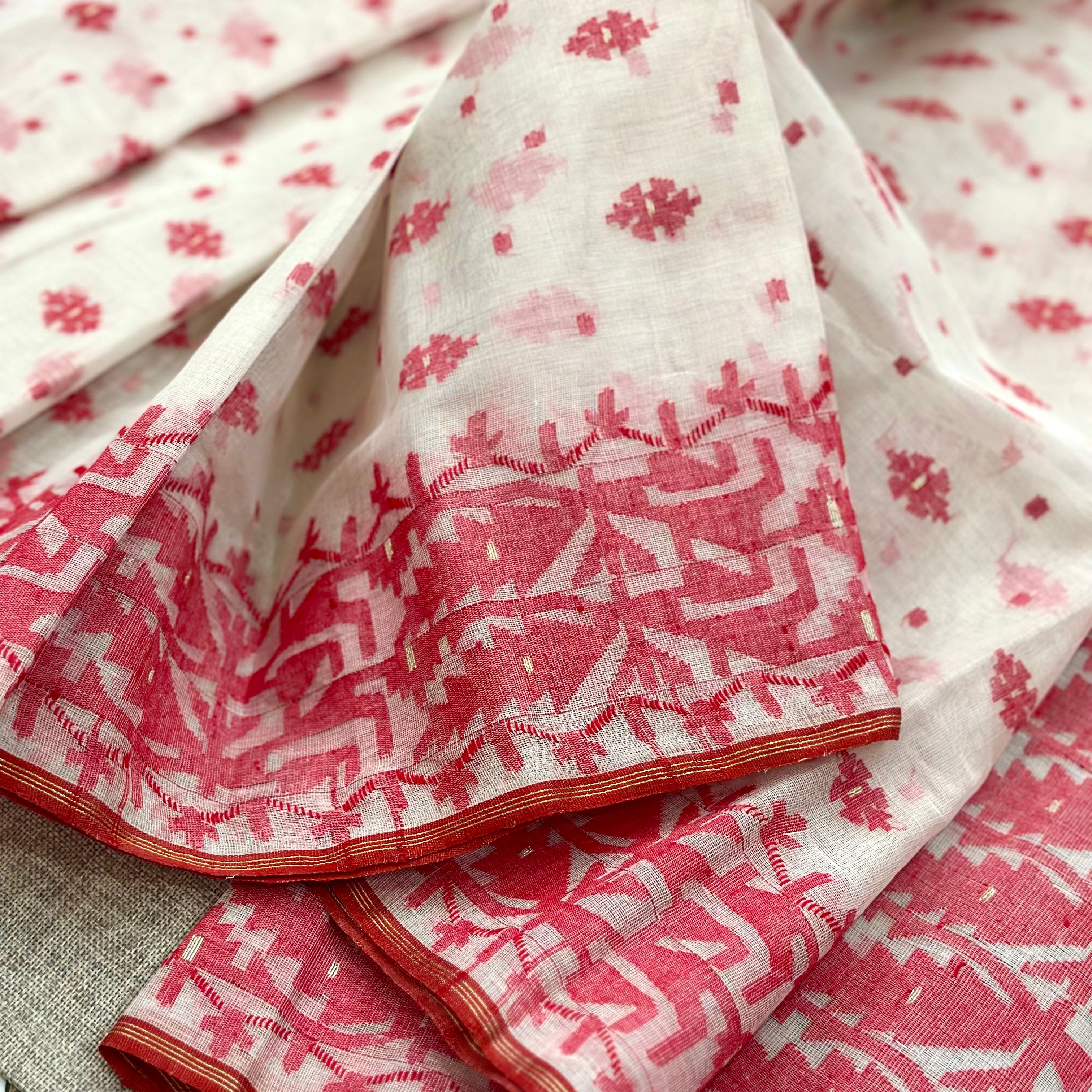 White and Red Dhakai Jamdani
