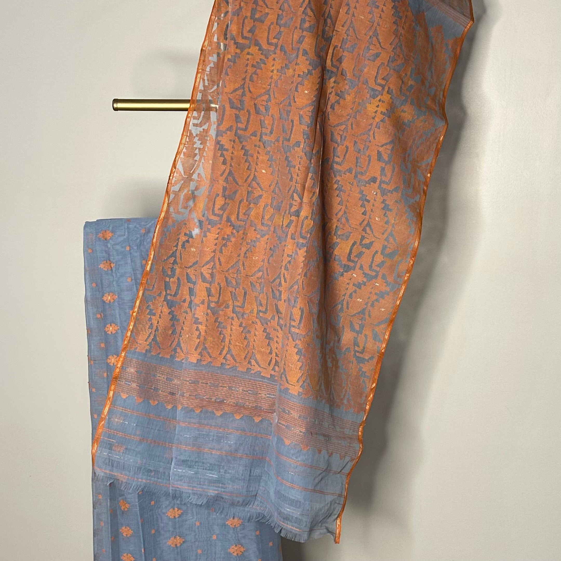 Greyish Sky Blue and Orange Dhakai Jamdani
