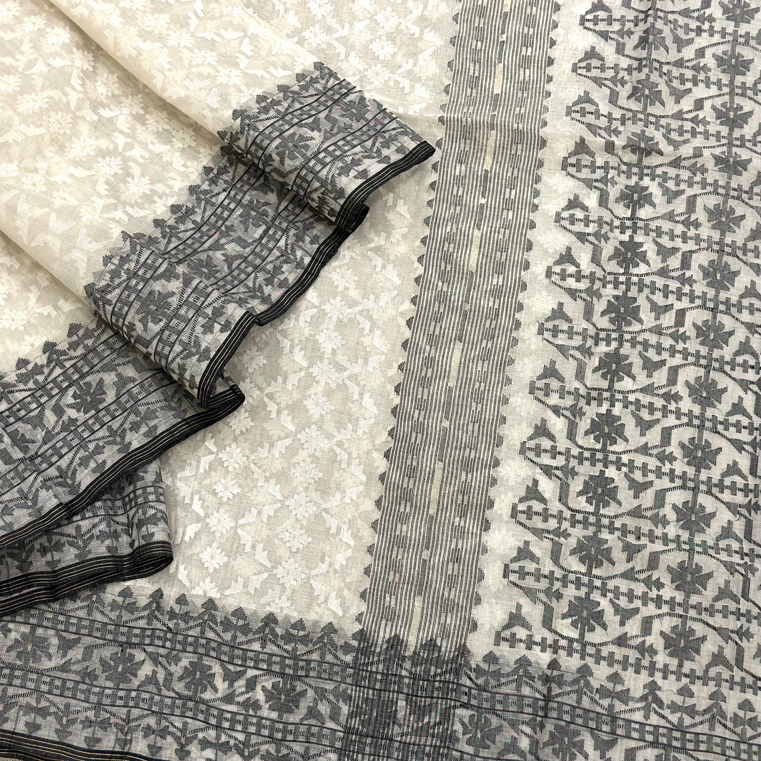 White and Black Jaal Dhakai Jamdani Saree