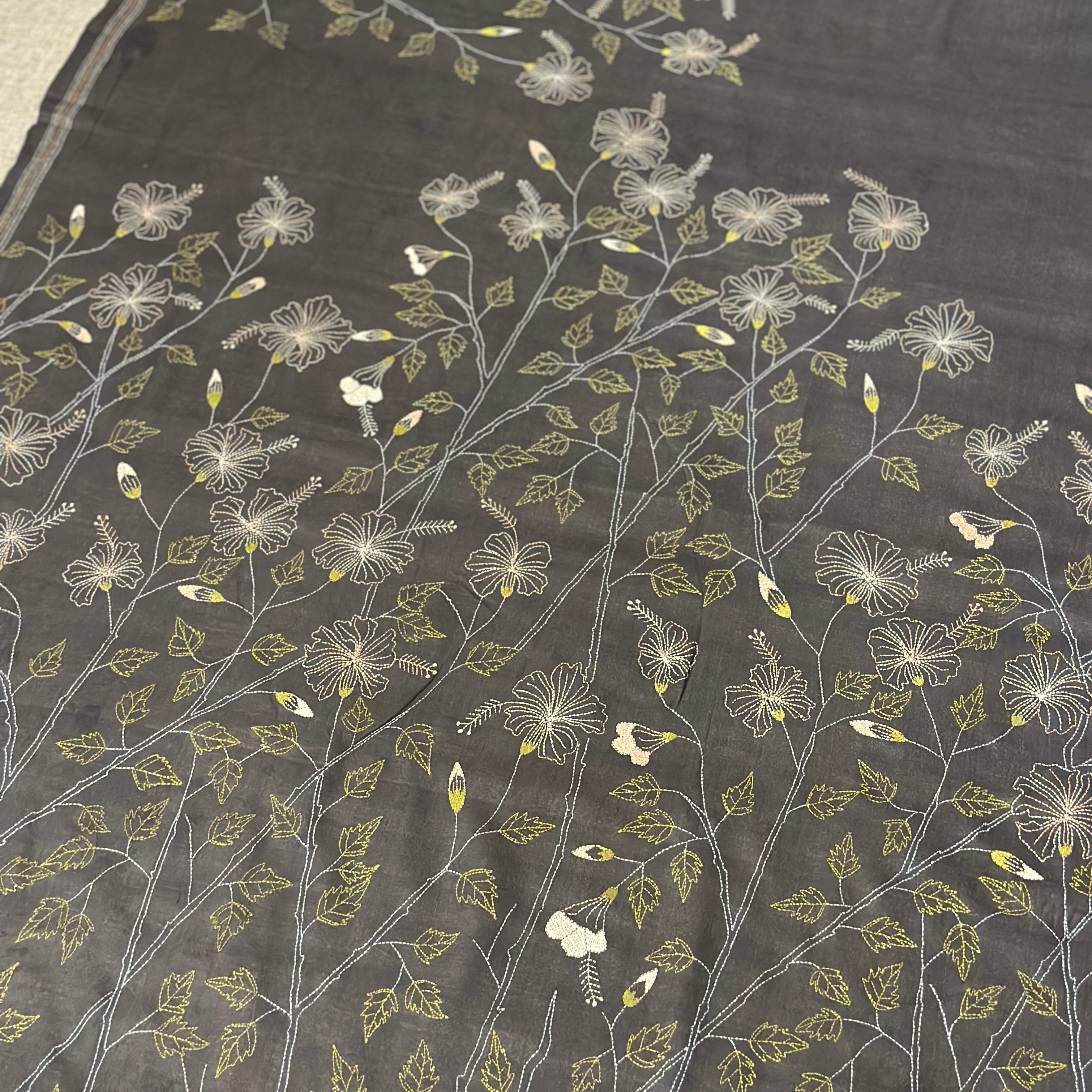 Grey Natural Dyed Handwoven Tussar with Kantha