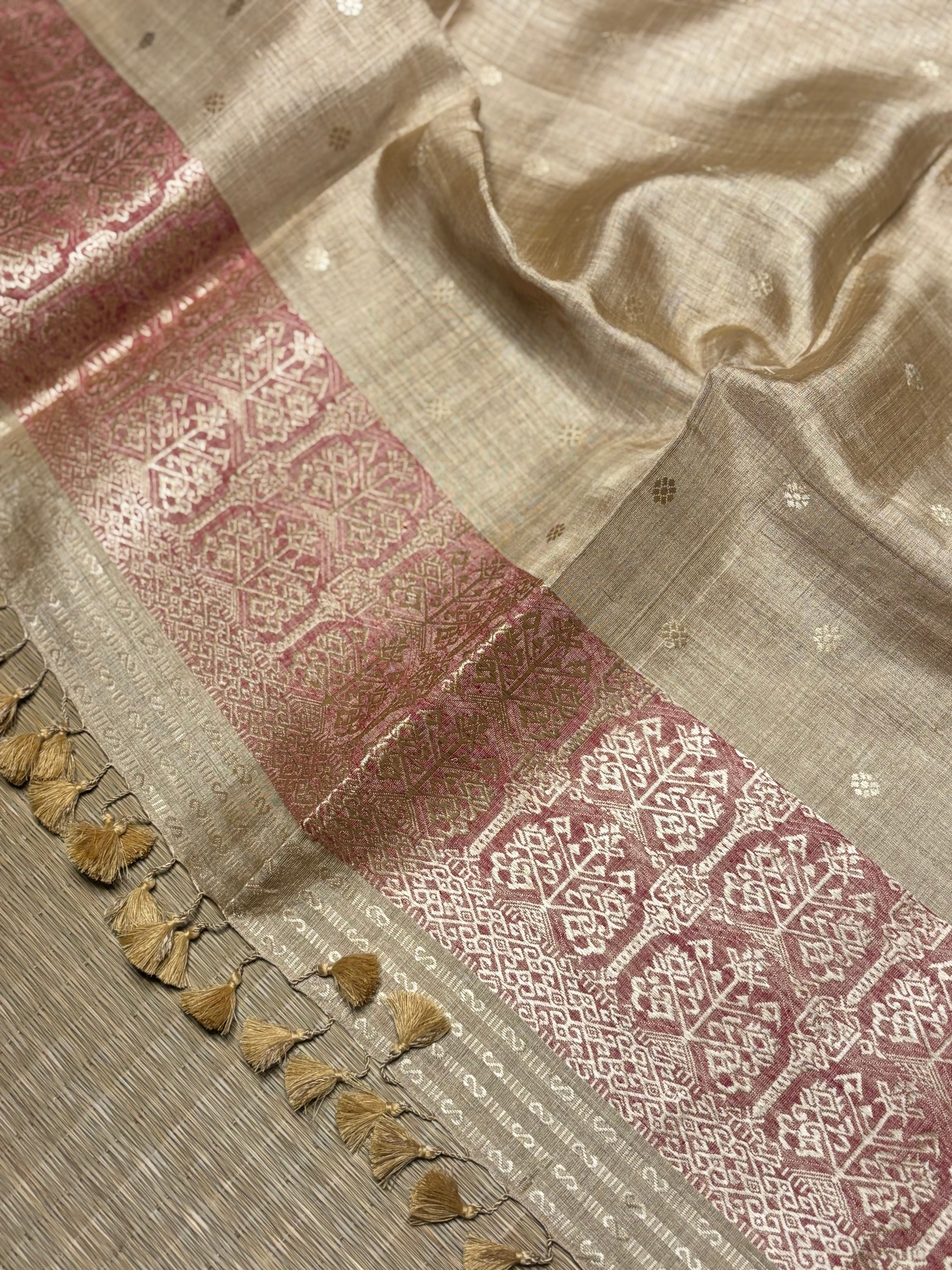 Heirloom Pure Assam Muga Saree with Red Natural Dyed Eri Extra Weft