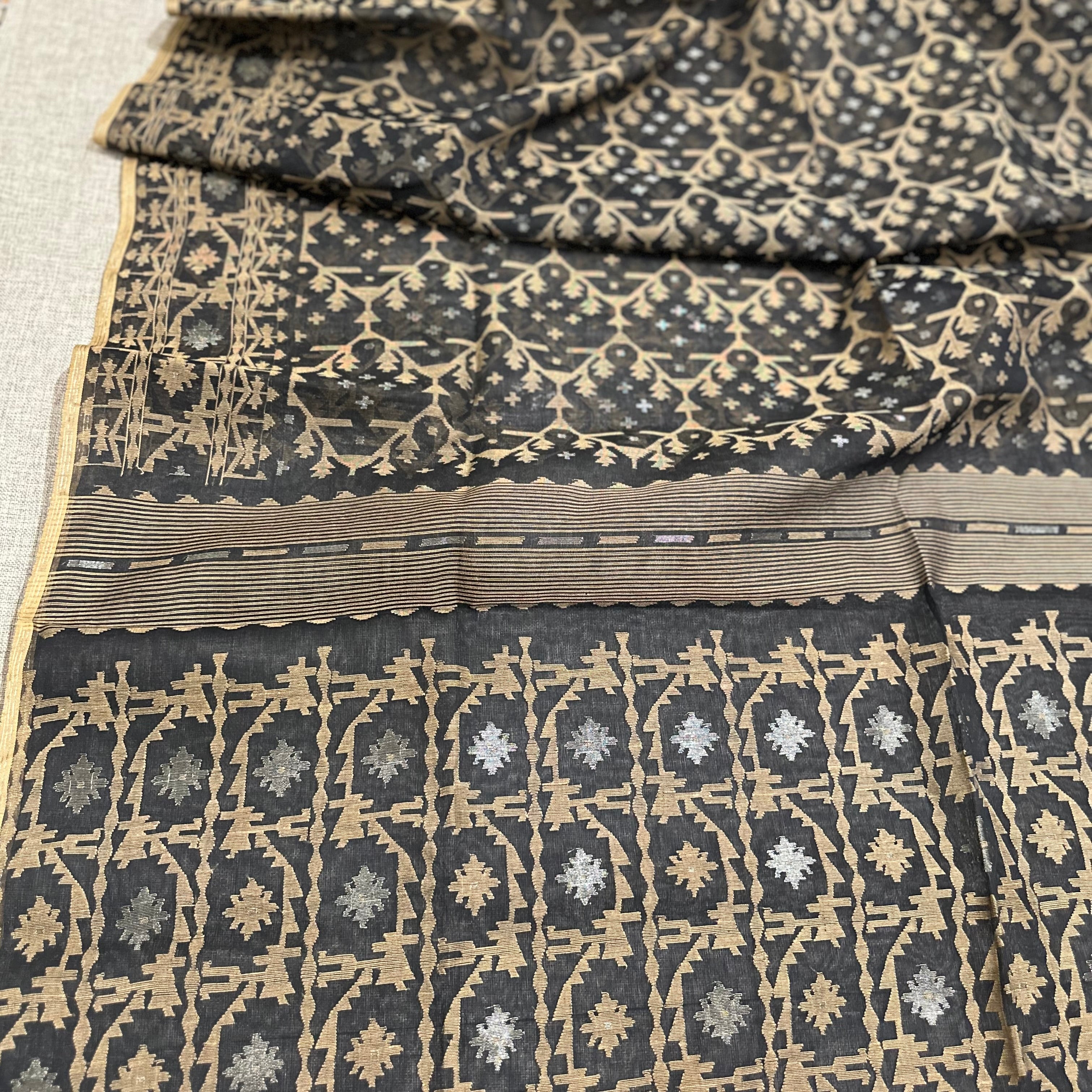 Black and Beige Jaal Dhakai Jamdani Saree