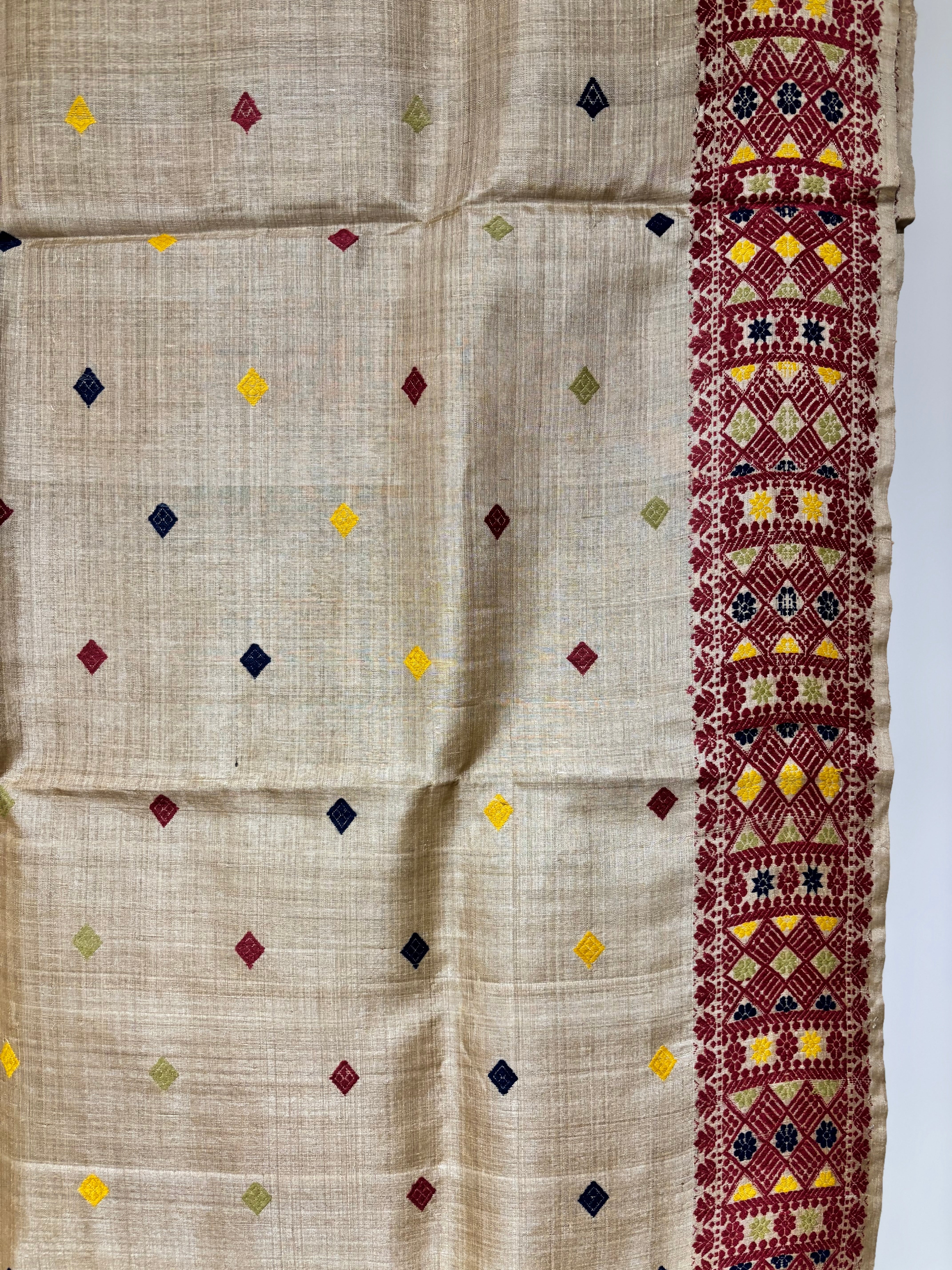 Heirloom Pure Assam Muga Saree with Natural Dyed Eri Extra Weft in Multicolor Diamond Motifs