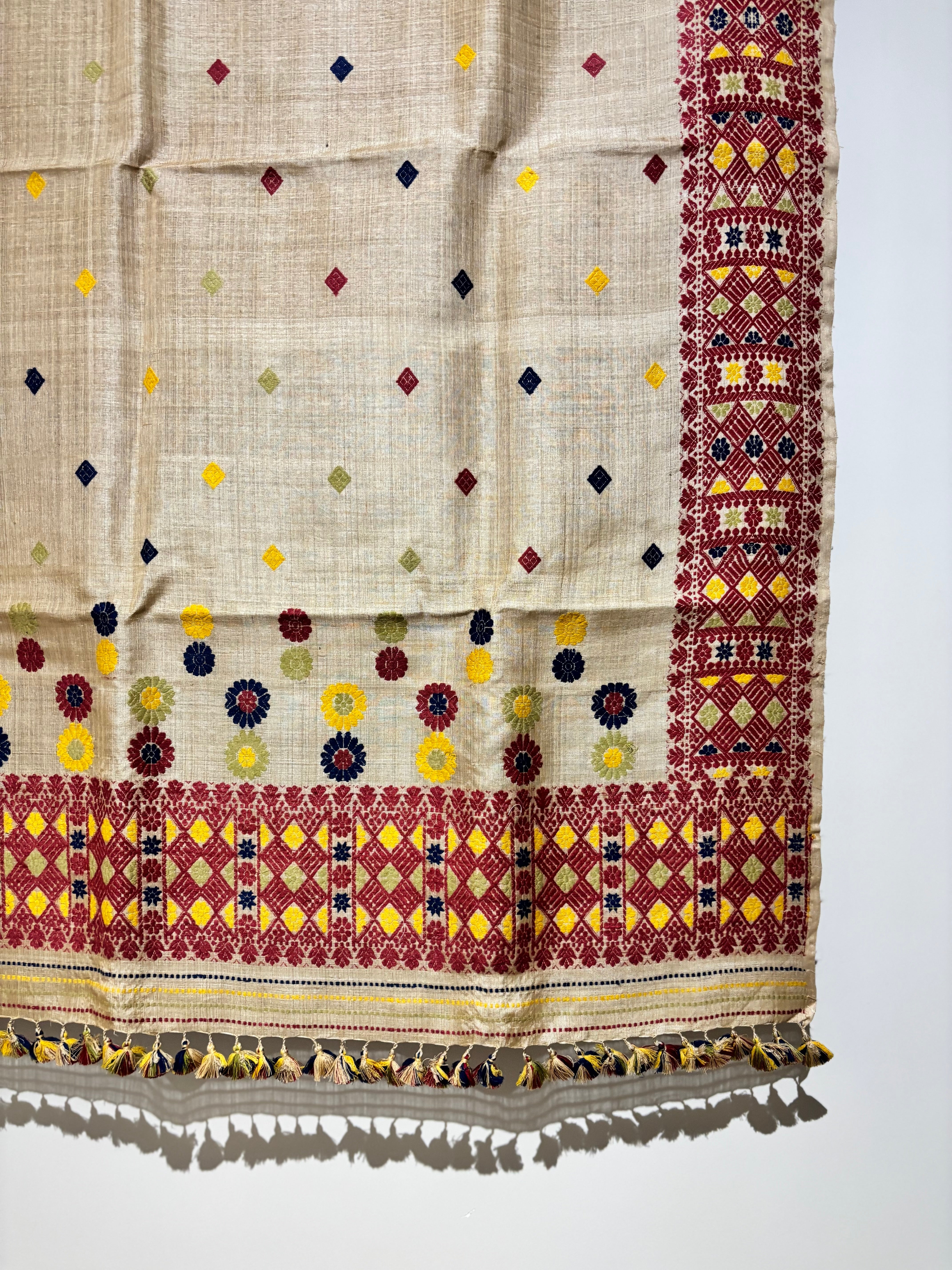 Heirloom Pure Assam Muga Saree with Natural Dyed Eri Extra Weft in Multicolor Diamond Motifs