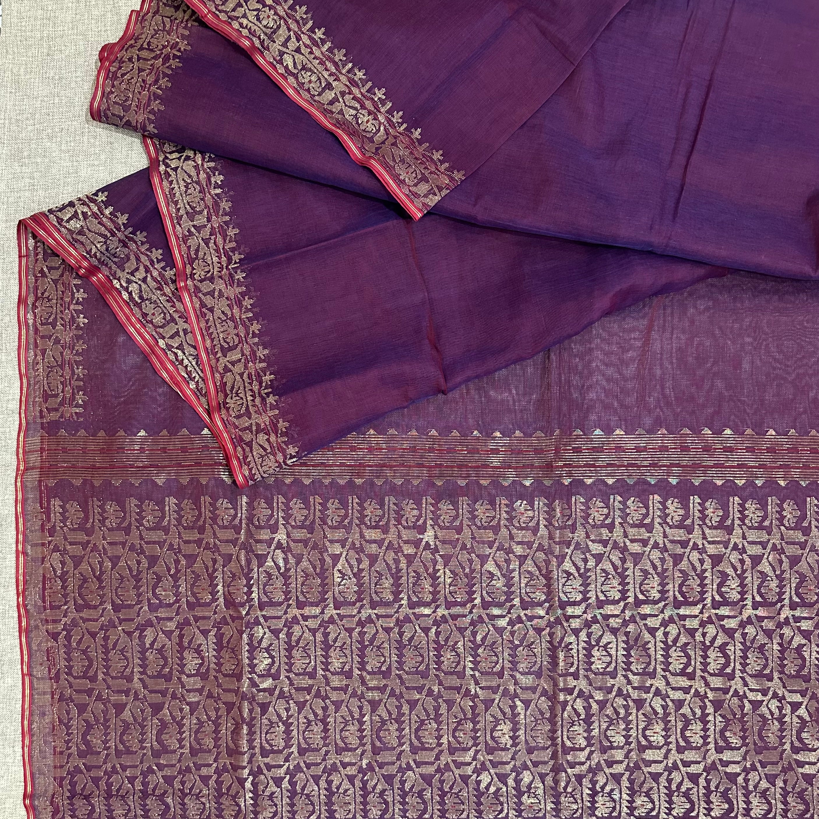 Purple Shot colour with Golden Zari Dhakai Jamdani