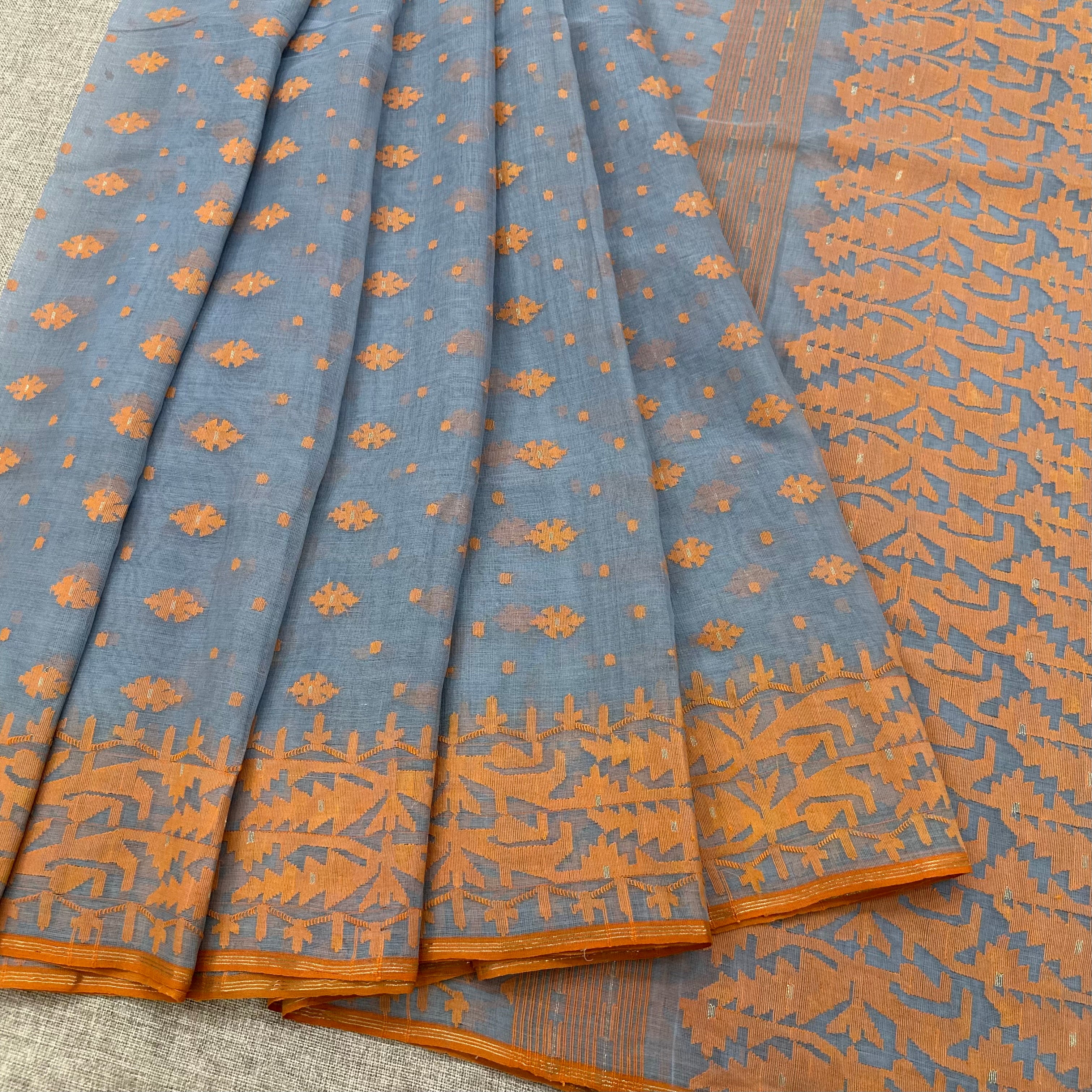 Greyish Sky Blue and Orange Dhakai Jamdani
