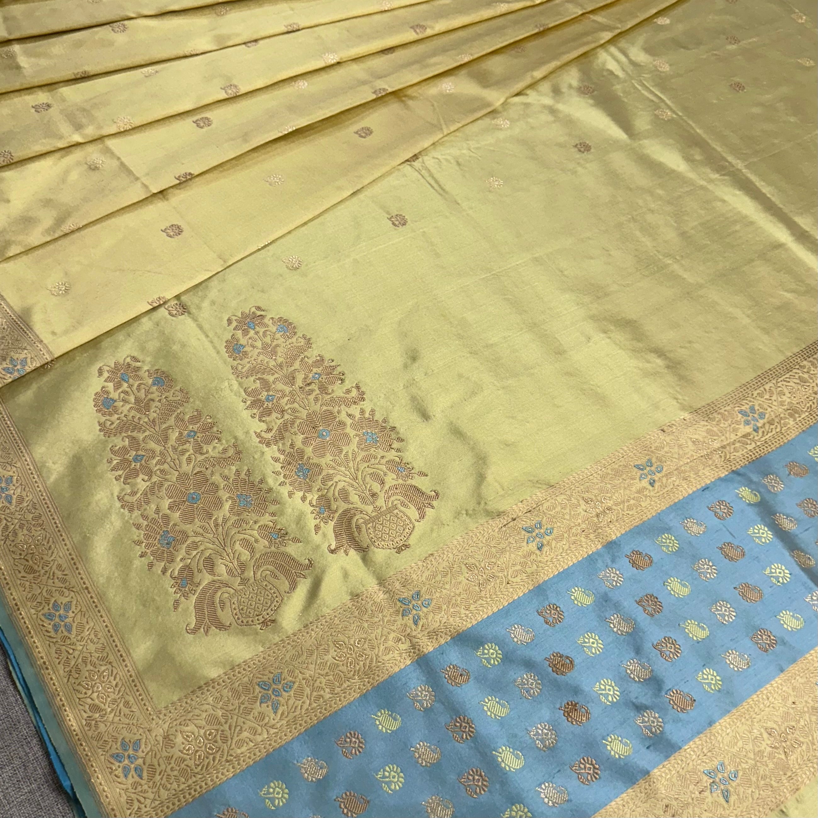 Yellow and Sky Blue Buti Baluchari with Tree of Life