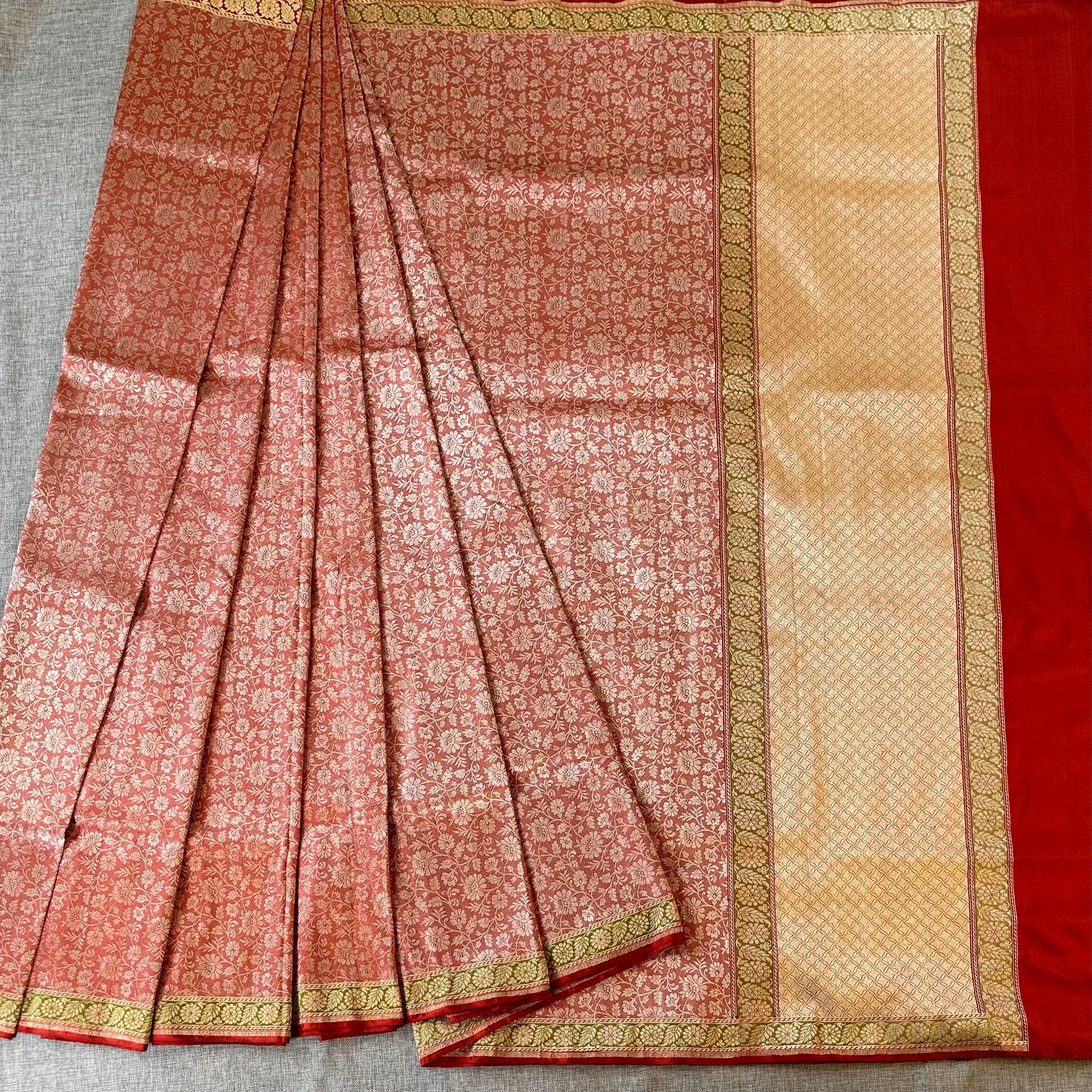 Brick Red Tanchoi Benarasi with Green Minakari Khadwa Border