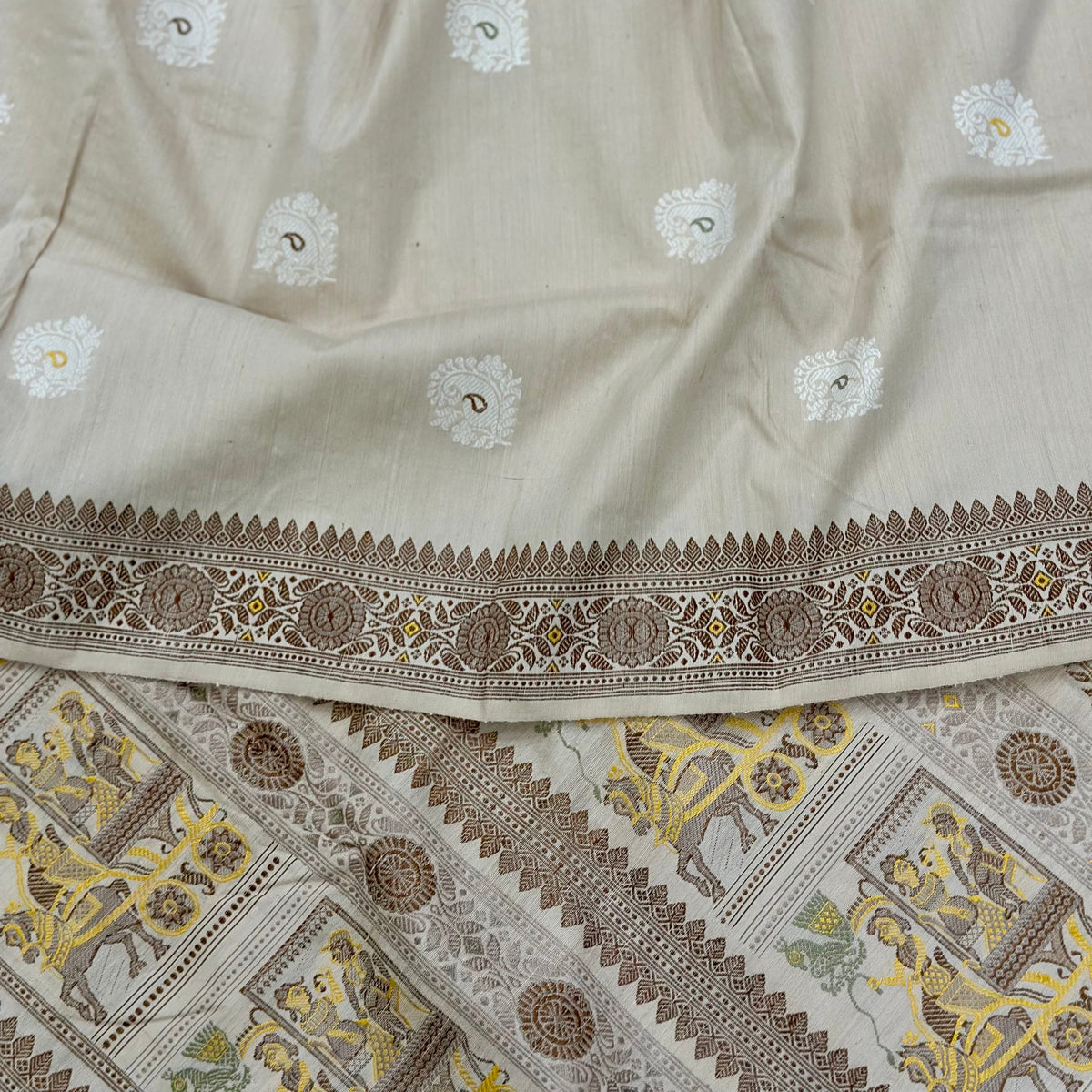 Beige Grand Palla Baluchari Saree with butis