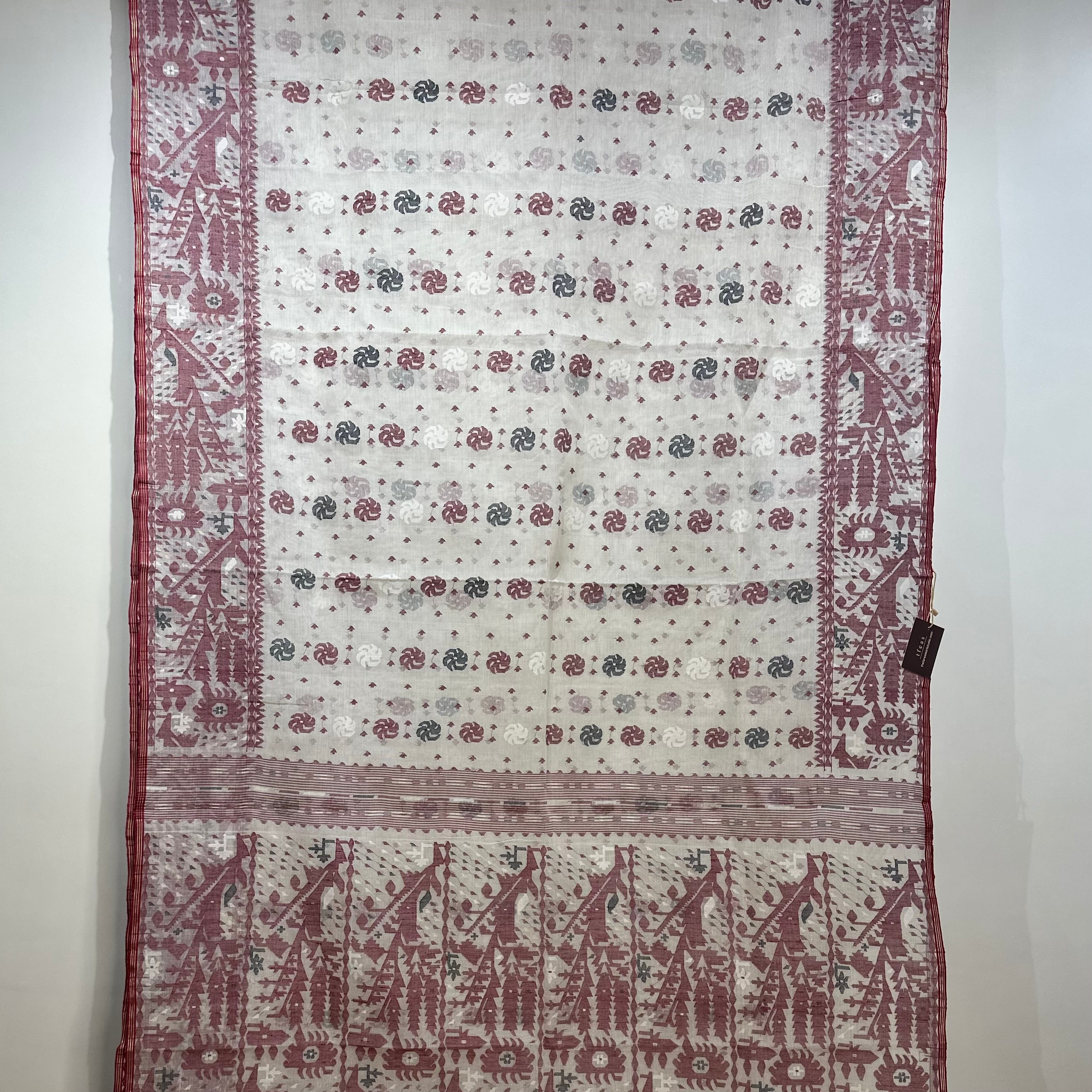 White with Maroon and Black Dhakai Jamdani